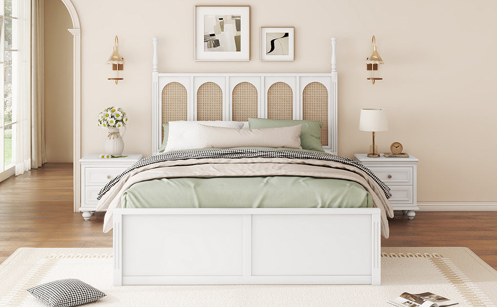 Queen Size Rattan Platform Bed With with 2 Big Drawers, T Size Trundle, White