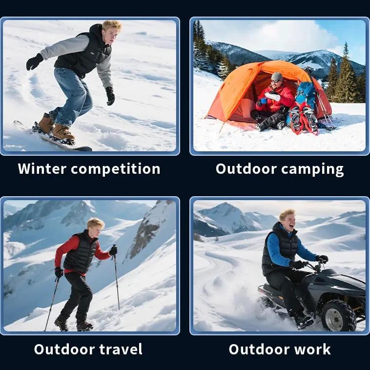 LITEGUEST USB heated vest with LED light by SmartTherm OutdoorLiteGear Inc. across four snowy winter outdoor scenes.