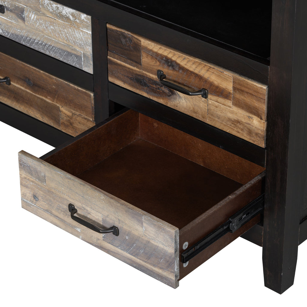 U-Can Retro Distressed Wooden TV Stand for TVs up to 65 Inches, Entertainment Center Media Console with 6 Drawers and 3 Shelves for Living room, Black