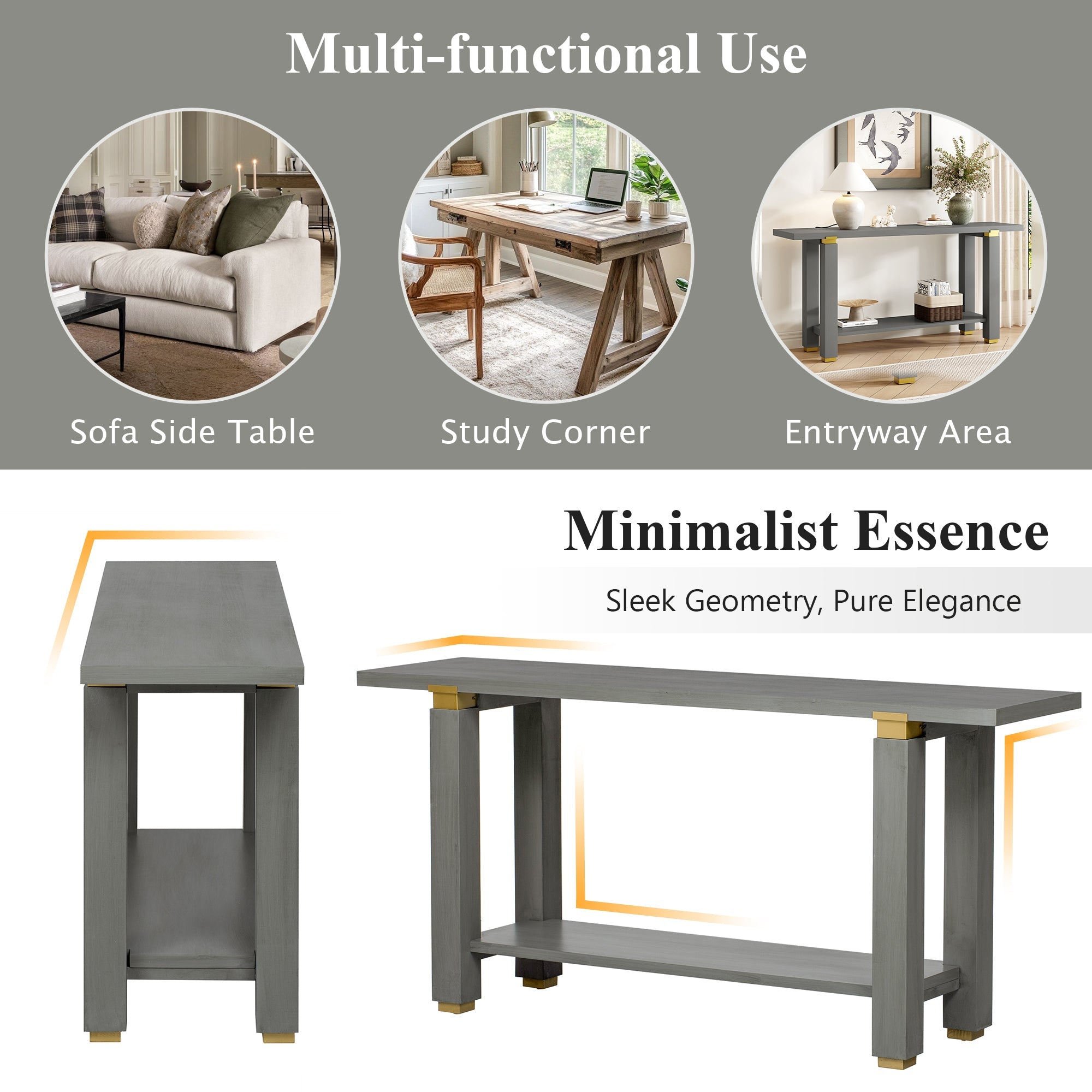 U_Style 62.9' Modern Minimalist Console Table, Solid Wood Entryway Sofa Table with Metal Accents, Built-in Shelf, for Living Room, Hallway (3 Colors: Black, Gray, Natural)