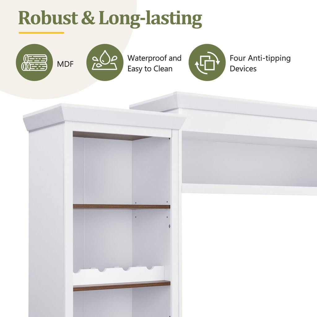 ON-TREND Farmhouse 4-Piece Entertainment Wall Unit Set with Bookshelf for TVs Up to 70', Walnut TV Stand with Adjustable Shelves, Mid-Century Large Media Console with Wine Rack for Living Room, White
