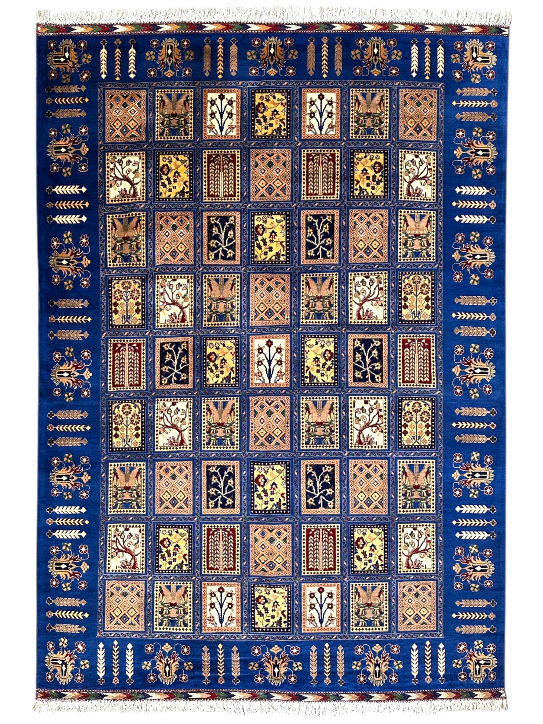 6'9″ x 10' Hand-Knotted Afghani Bakhtiari Wool Rug – Persian Garden Design – Blue & Cream