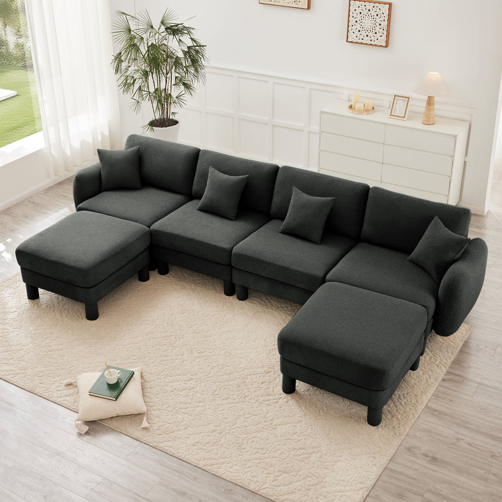Boucle Fabric U Shape Sectional 4-seater Sofa Couch With Distinctive Shell-shaped Armrests And 2 Movable Ottomans,Cylindrical Legs Wrapped with Self-fabric,Dark Grey  Color
