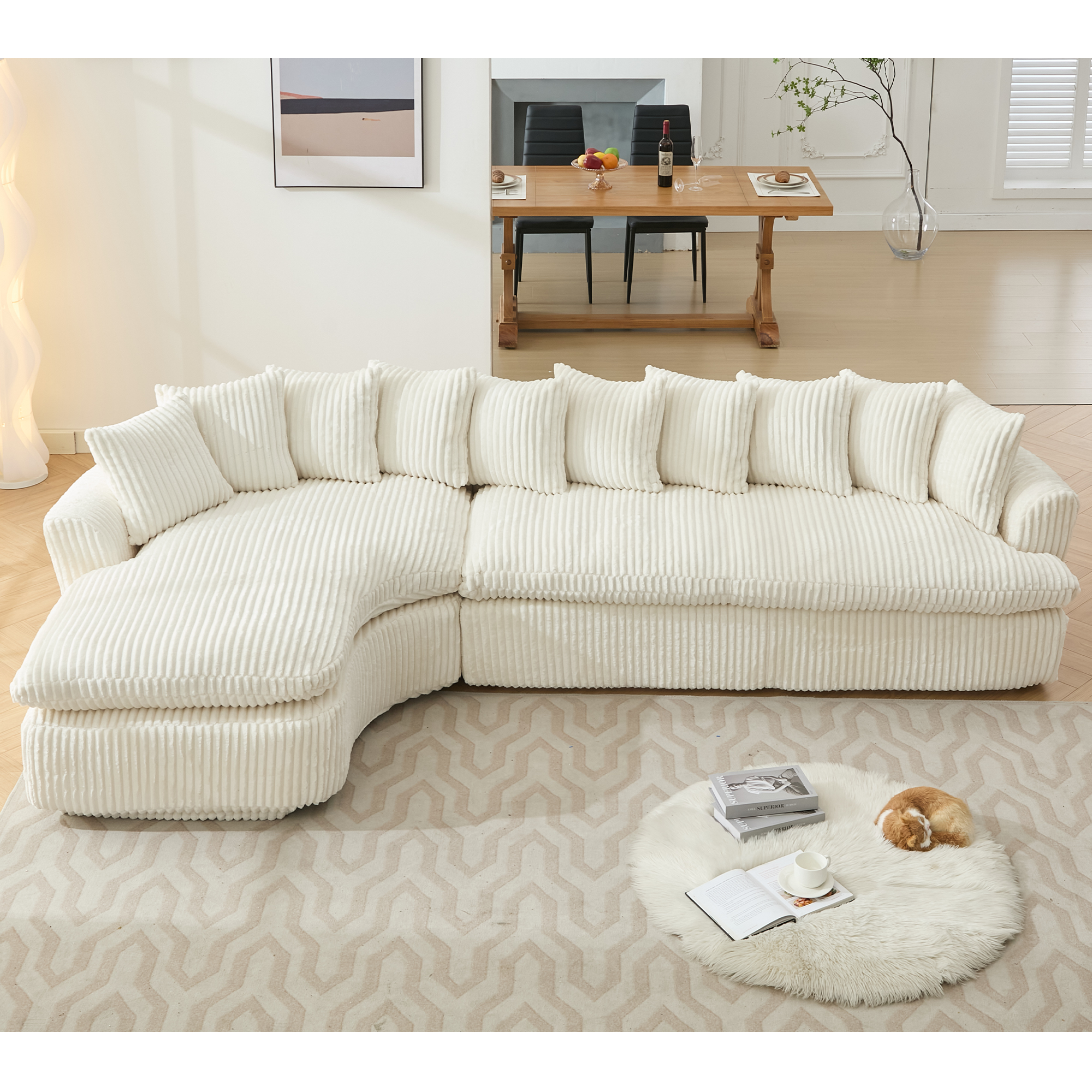 127''  Large Sectional Sofa ,Elegant Curved Design ,High-Resilience Foam ,Ten Back Cushions,L-Shape Left Sofa,No Assembly  Required , (Beige-Soft Corduroy Fabric)