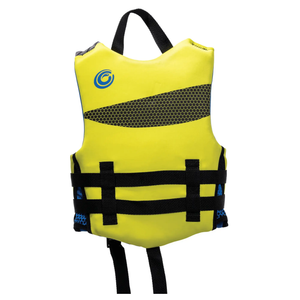 Children's WOW Watersports PFD life jacket, bright yellow with black straps and honeycomb panel, Jupiter Gear logo.