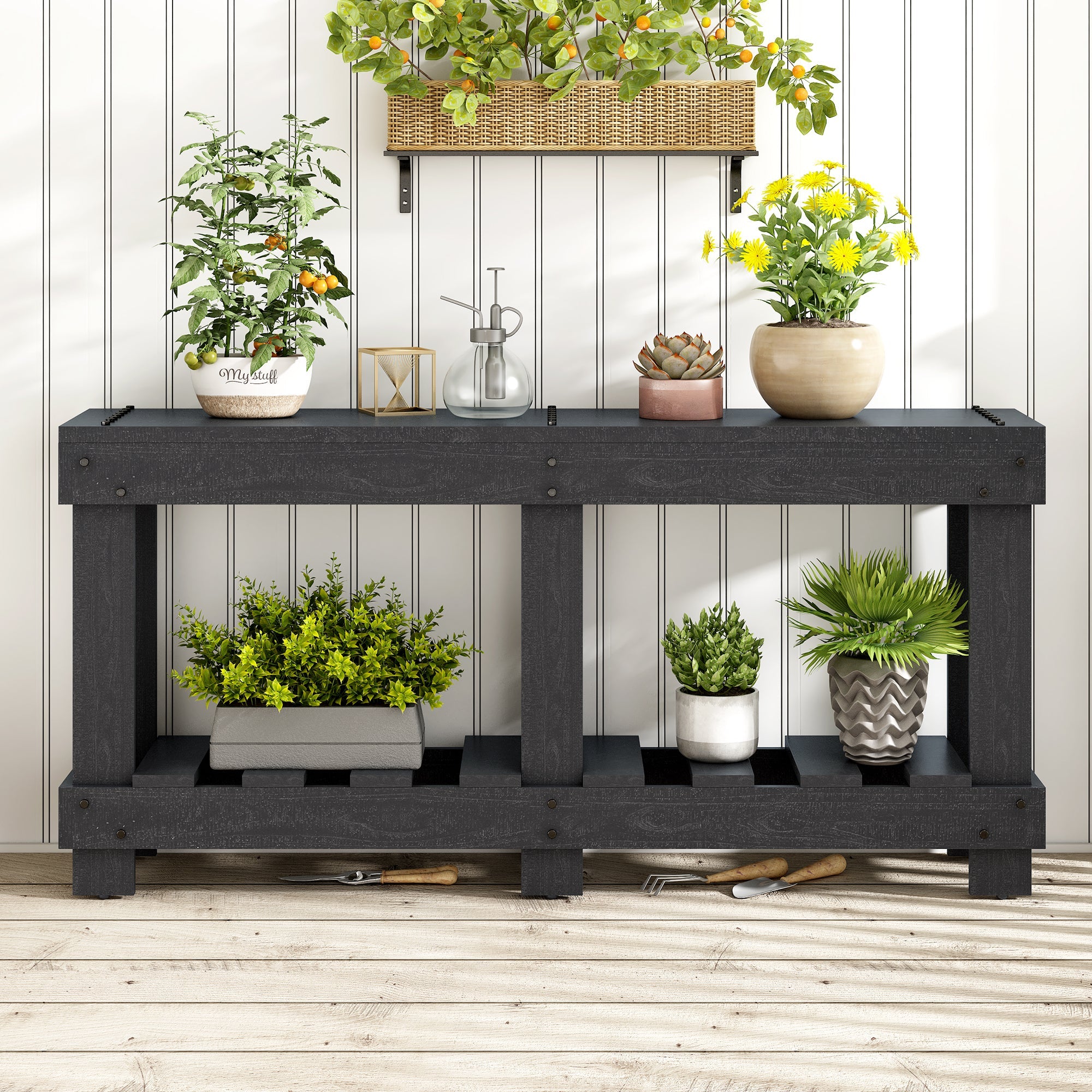 U_Style 62.9' Vintage Entryway Table - Fir Solid Wood with Natural Grain, 6 Reinforced Legs & 4.5' Thick Desktop, Metal Rivet Decor & Plank Under-Shelf, Console Table for Hallway, Living Room
