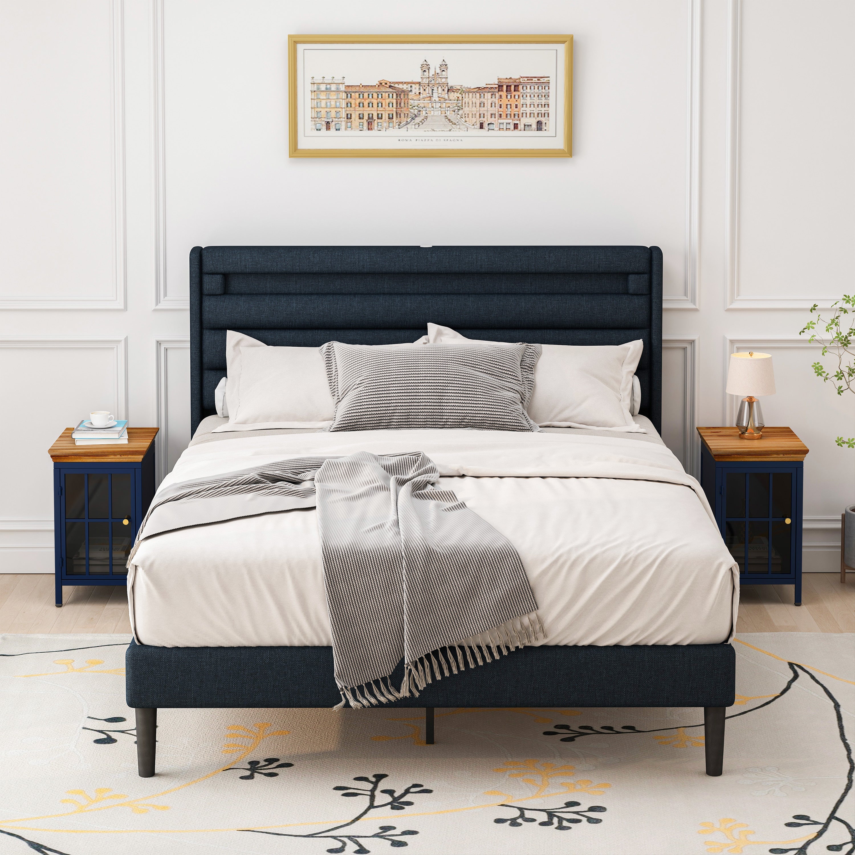 Nightstand with Storage Cabinet & Solid Wood Tabletop, Bedside Table, Sofa Side Coffee Table for Bedroom, Living Room, Dark Blue(Set of Two Pieces)