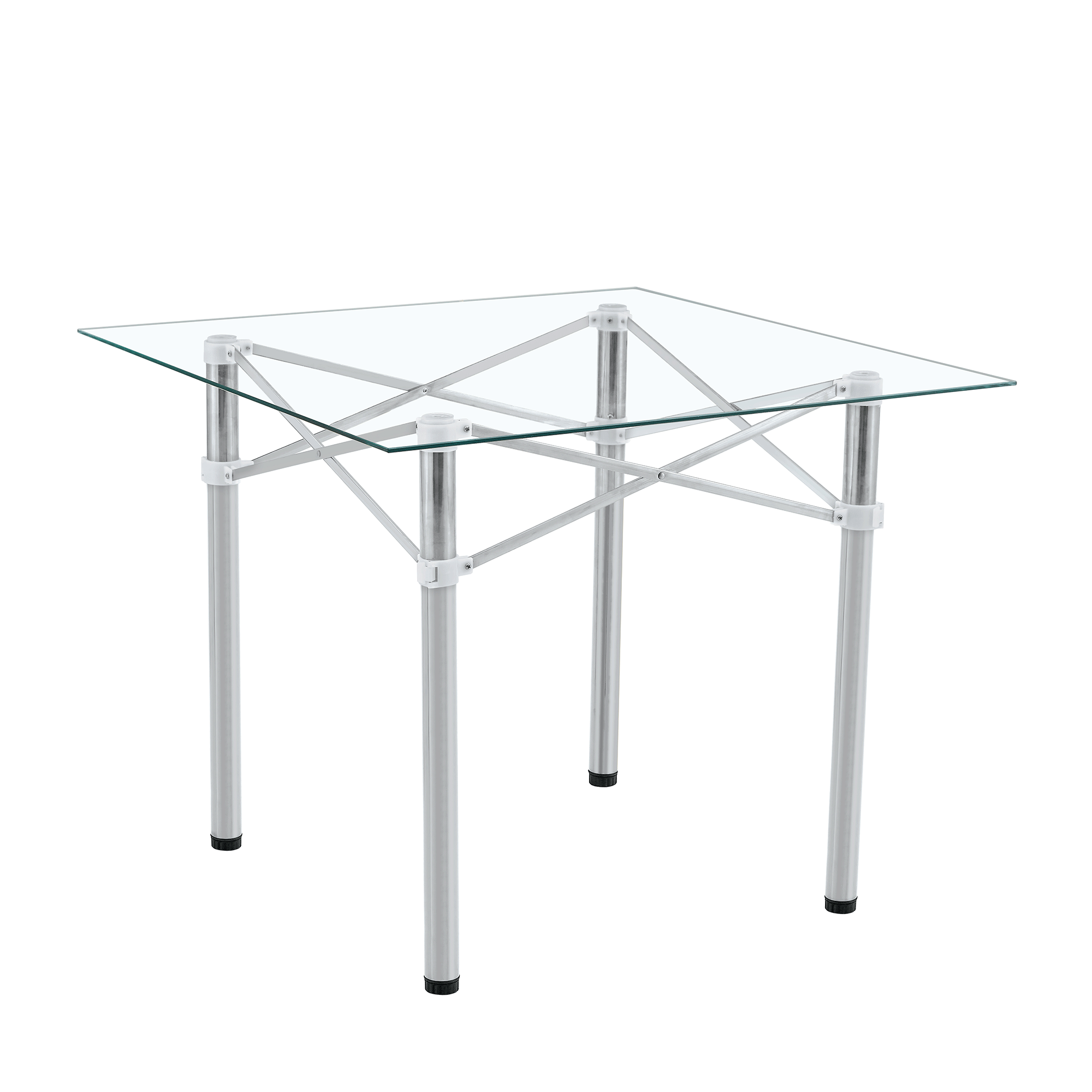 Elegant Expandable Square Glass Table - 36' Clear Tempered Glass, Silver Metal Legs.Telescopic metal legs, transparent square glass tabletop, suction cup attachment connection.