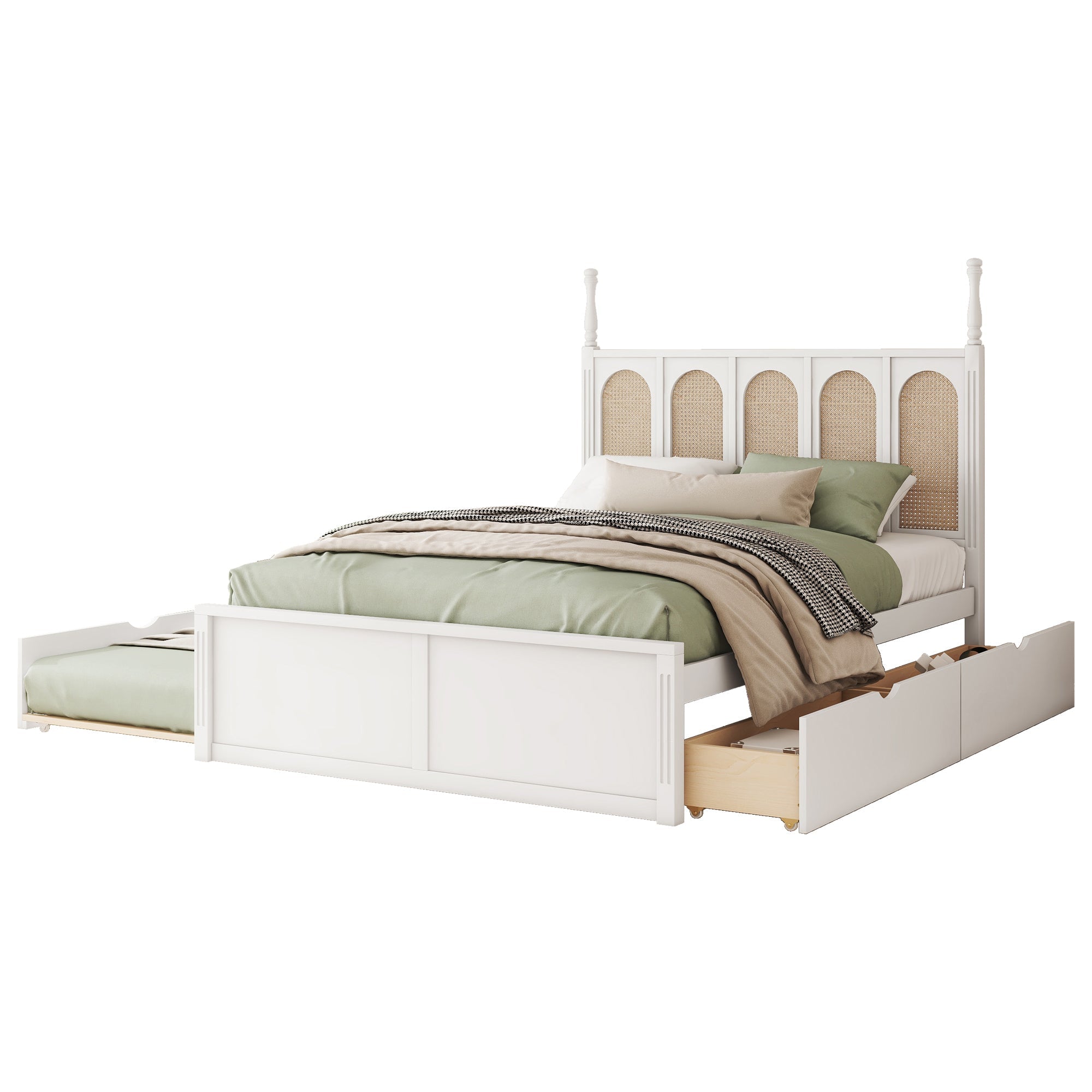 Queen Size Rattan Platform Bed With with 2 Big Drawers, T Size Trundle, White