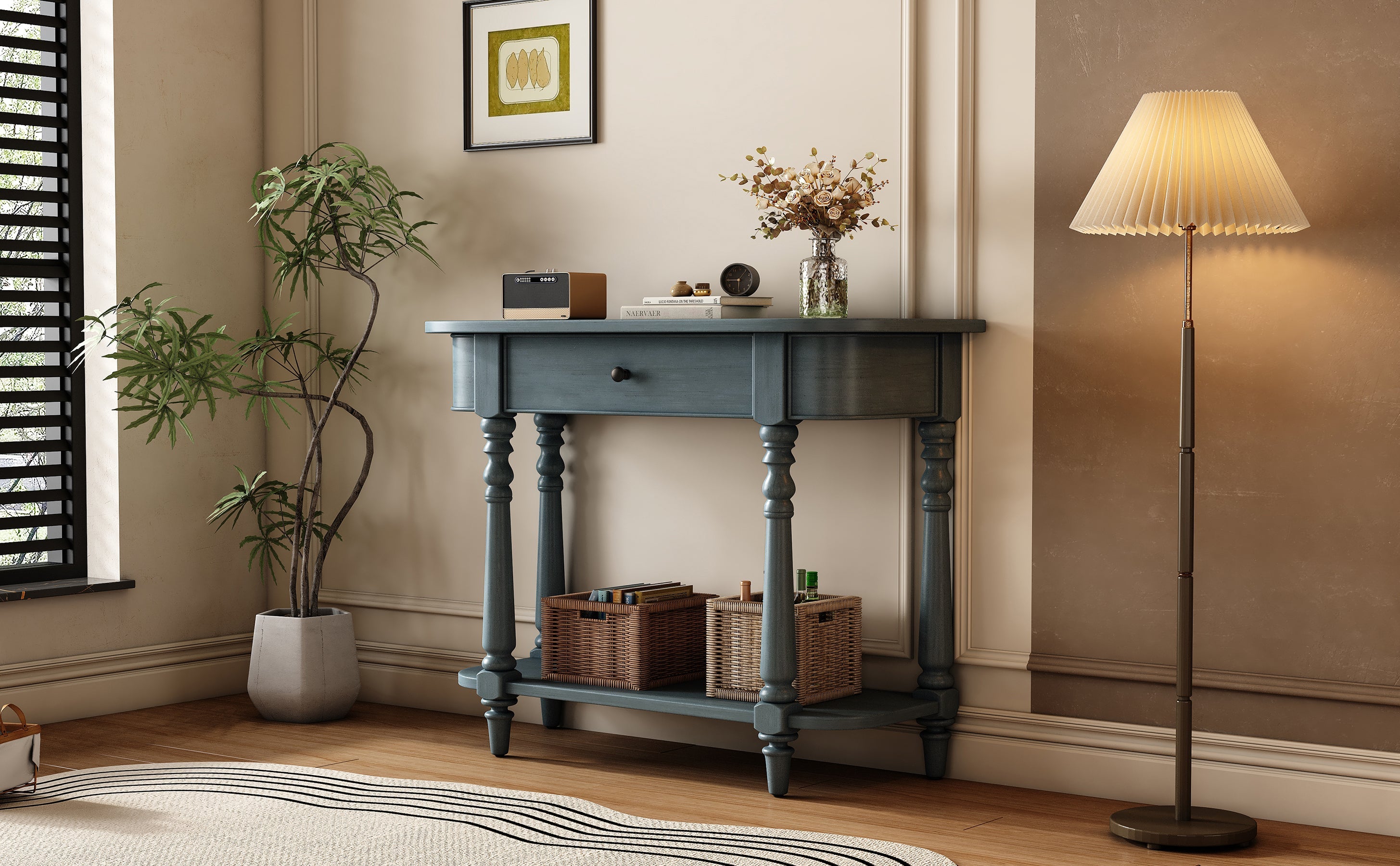 TREXM Narrow Console Table with Curved Corner, Retro Entryway Table with Top Drawer and Open Shelf, Sofa Table Console Tables for Entryway, Hallway and Living Room (Navy)