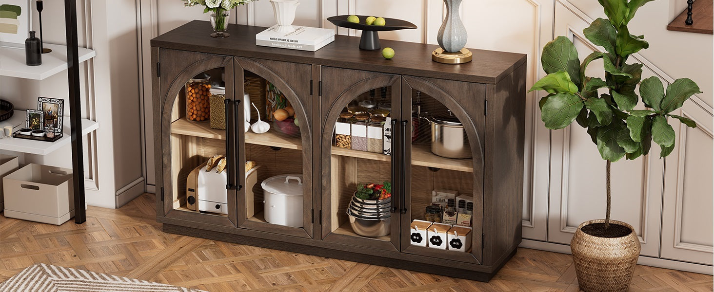 TREXM 4-Door Large Storage Sideboard Buffet Cabinet with Glass Doors, Arched Cabinet with Adjustable Shelves for Kitchen, Dining Room and Living Room (Espresso)