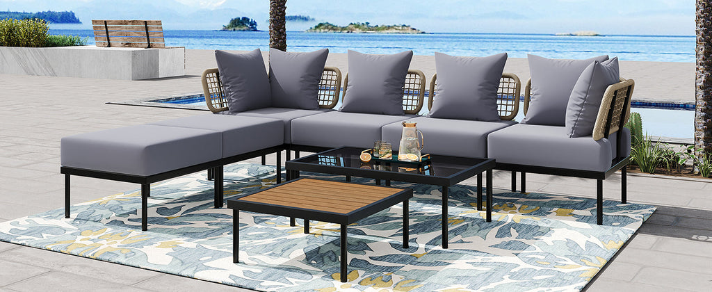 TREXM 8-Piece Patio Sectional Sofa Set with Tempered Glass Coffee Table and Wooden Coffee Table for Outdoor Oasis, Garden, Patio and Poolside (Light Grey Cushion + Black Steel)