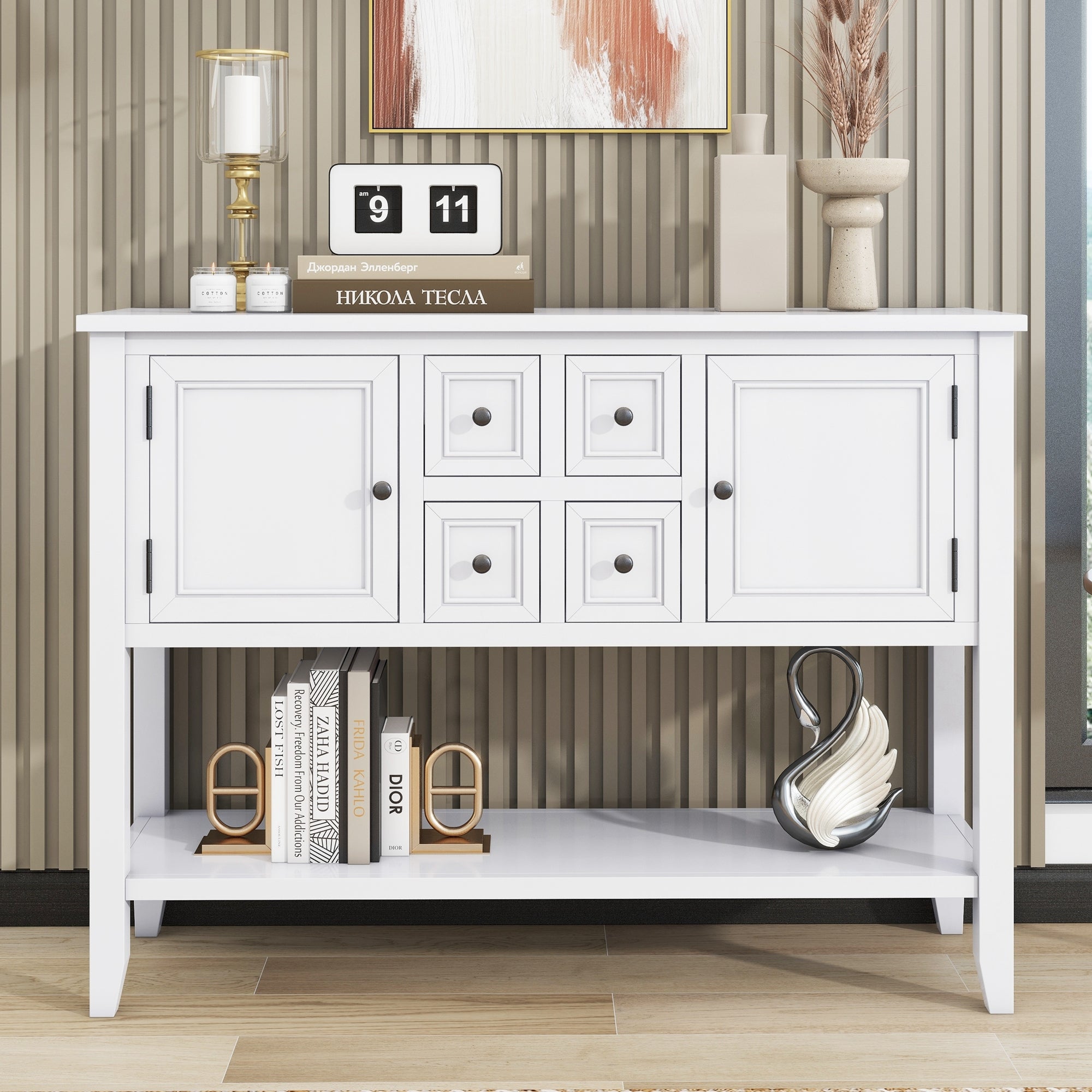TREXM Cambridge Series  Ample Storage Vintage Console Table with Four Small Drawers and Bottom Shelf for Living Rooms, Entrances and Kitchens (White, OLD SKU: WF190263AAA)