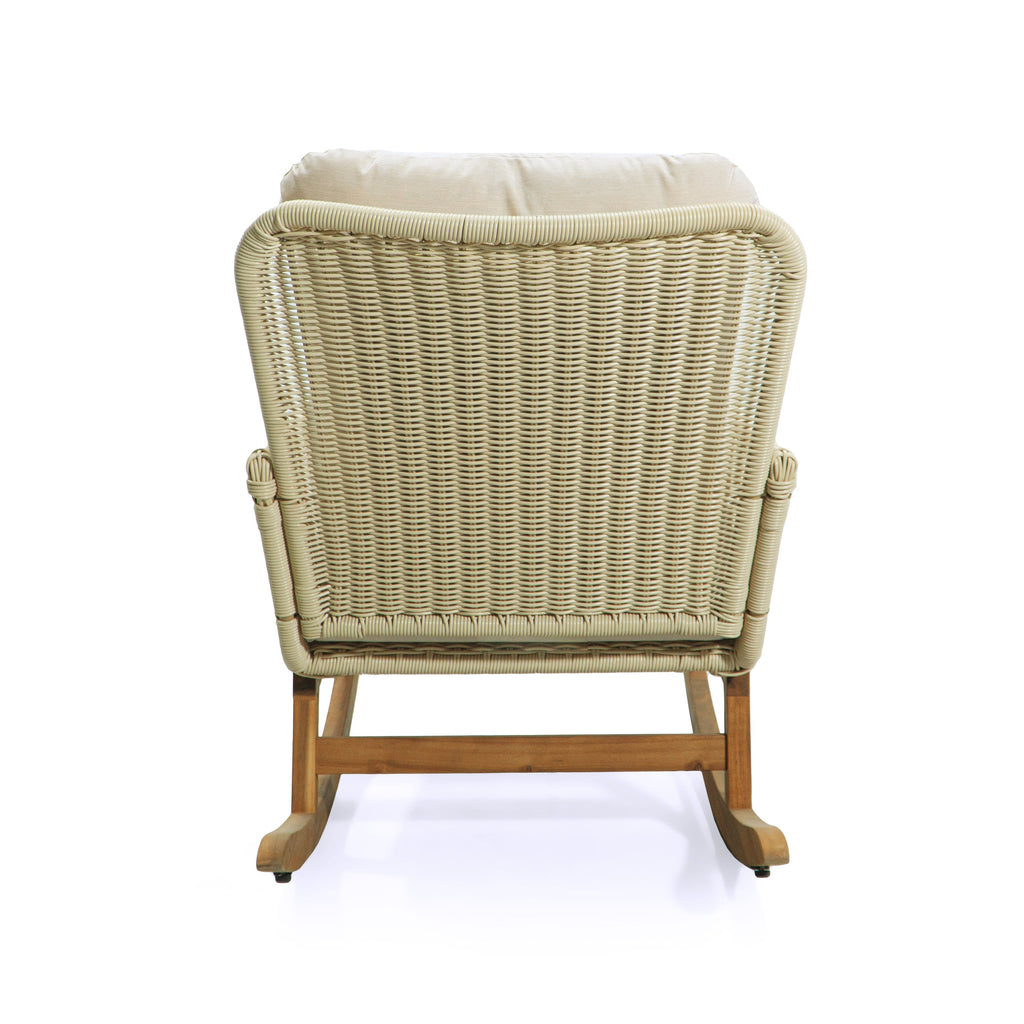 Modern 3-Piece Outdoor Seating Set with Ivory Cushioned PE Rattan Rocking Chairs and Wooden Accent Table, Perfect for Patio or Balcony Relaxation