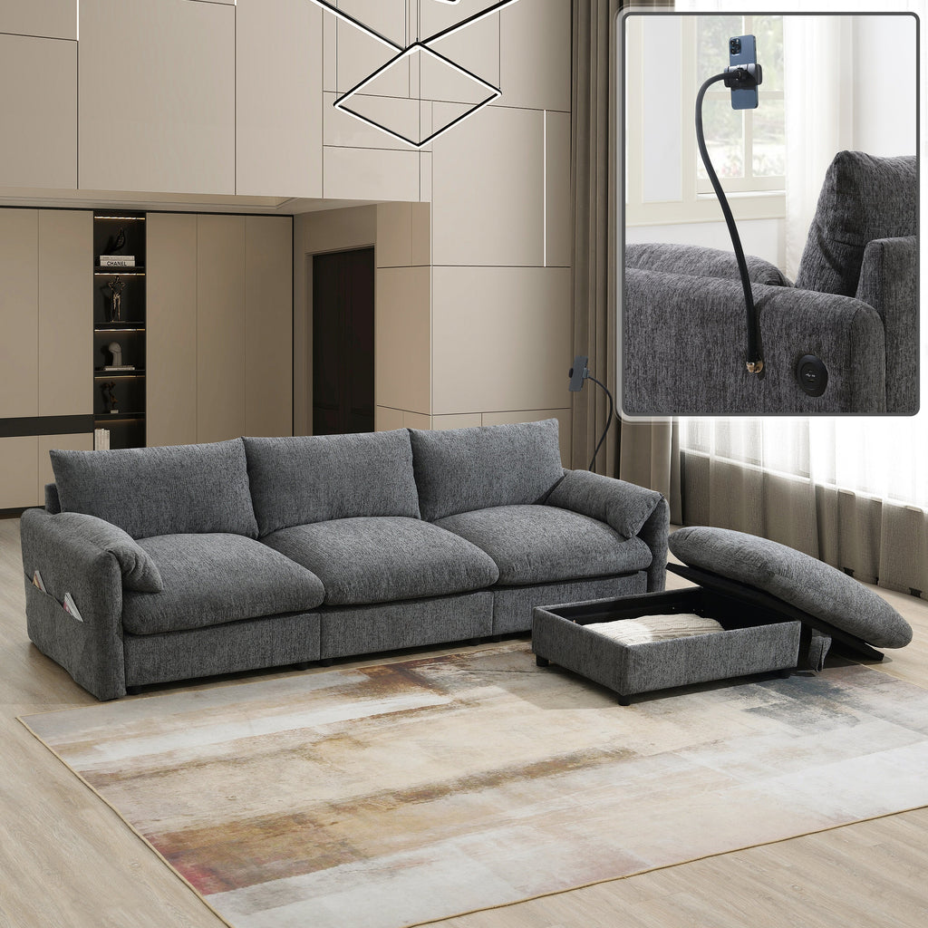 96.5'' Chenille Sectional Sofa with Storage Ottoman and Pockets,Adjustable Phone Holder,Wide Seat,4 Seat L Shaped Couch Set,Comfy Sofa with USB Charger for Living Room,Apartment,3 Colors