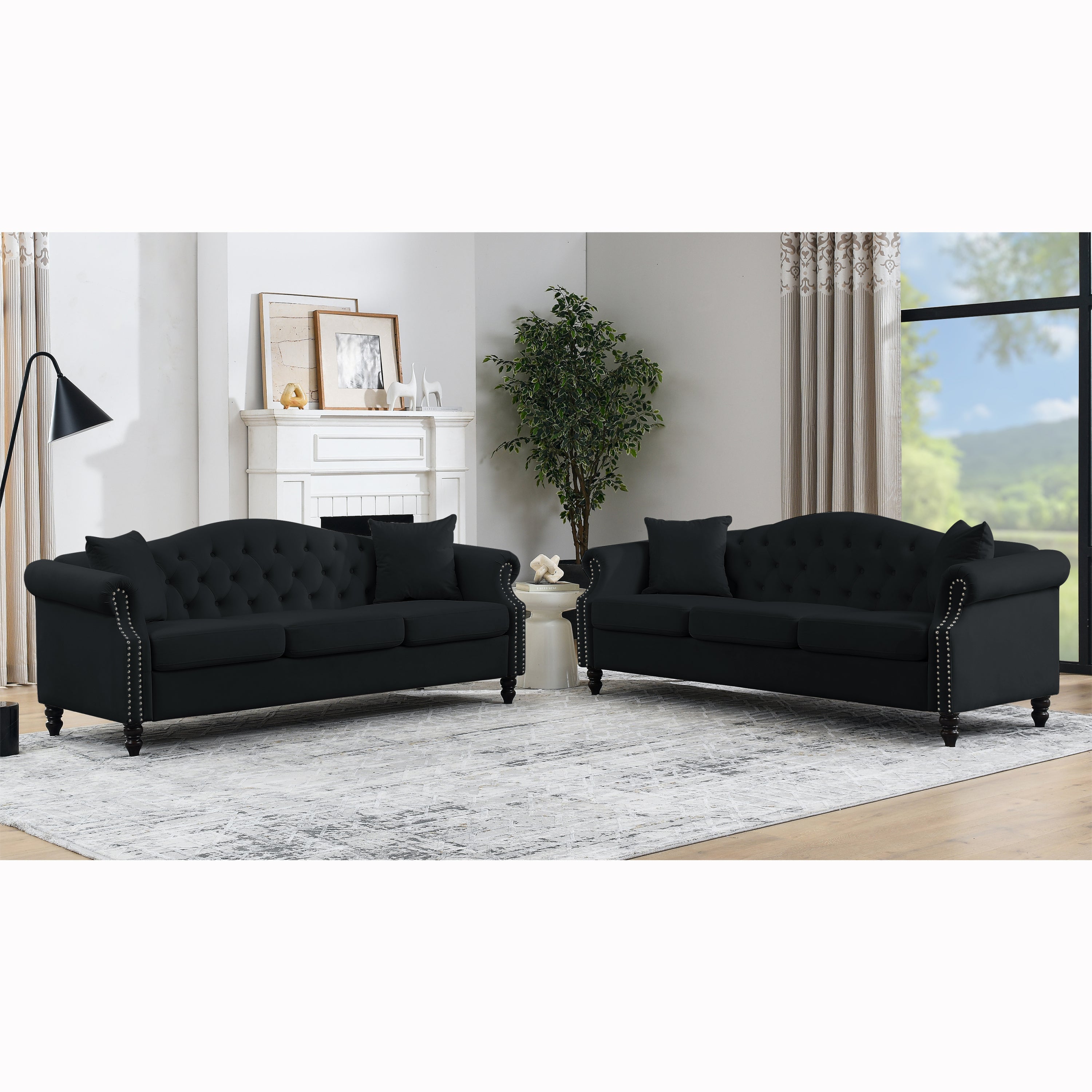 [Video] 79' Chesterfield Sofa Black Velvet for Living Room, 3 Seater Sofa Tufted Couch with Rolled Arms and Nailhead for Living Room, Bedroom, Office, Apartment, 3S+3S