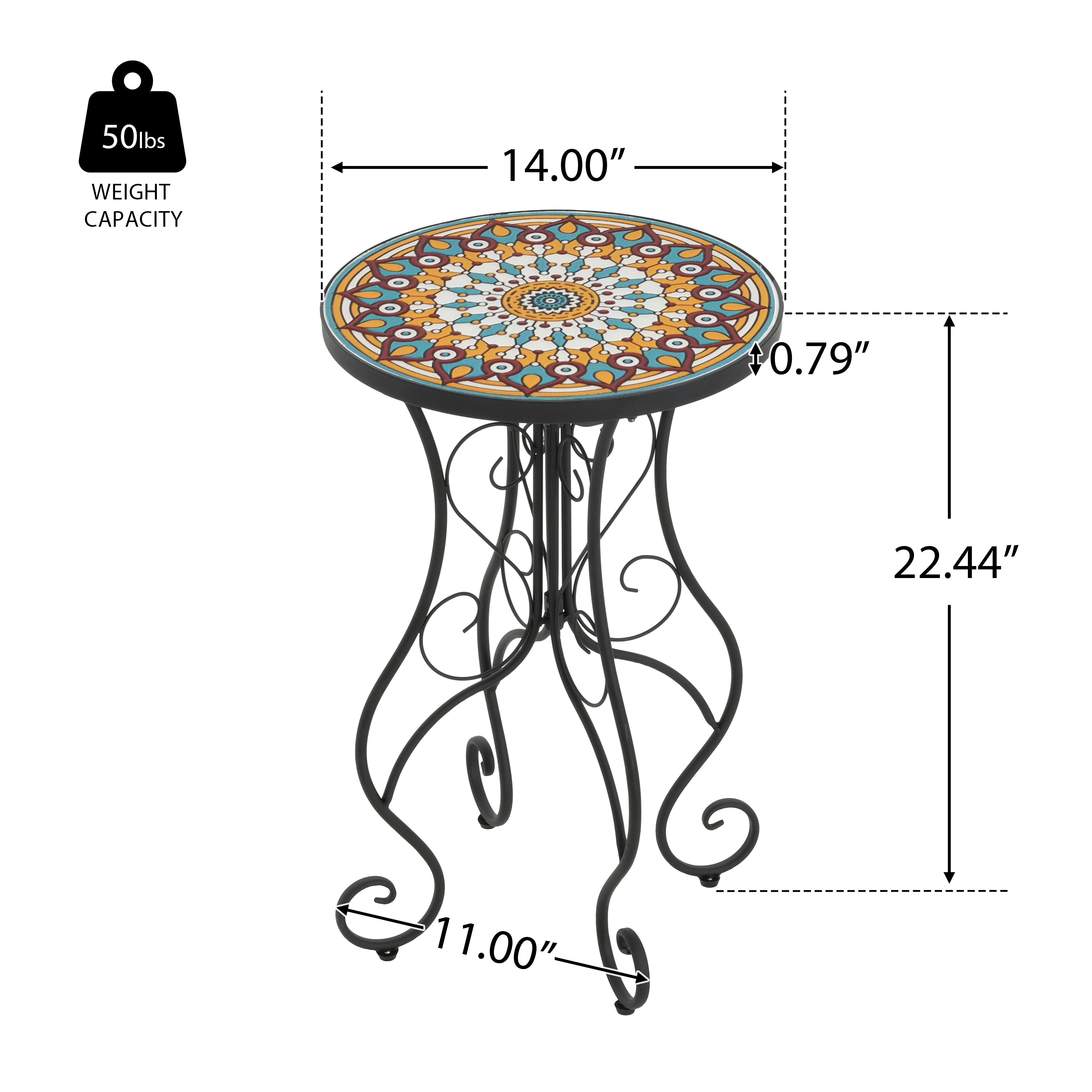 Vibrant French Country Round Ceramic Outdoor Side Table Black Ceramic Tile 14x14x22.44 inches