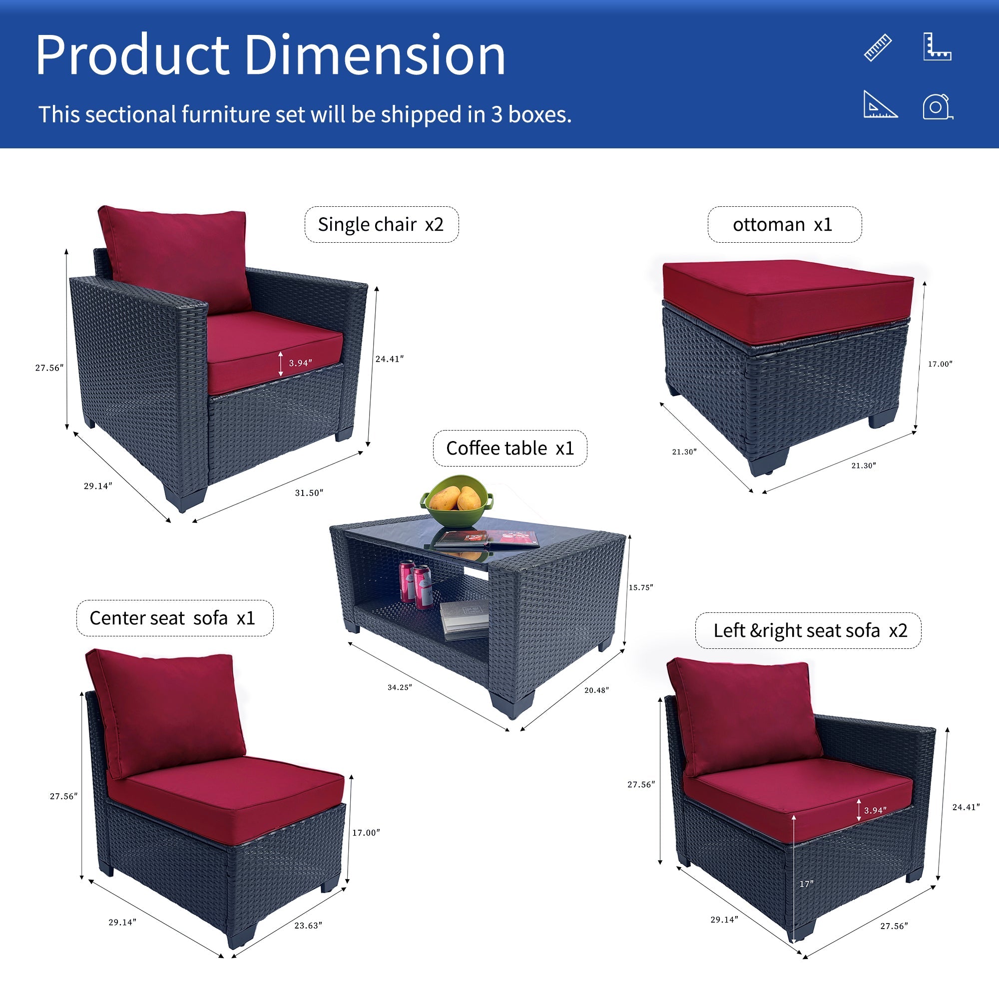 Outdoor Garden Patio Furniture 7-Piece PE Rattan Wicker Cushioned Sofa Sets  and Coffee Table, patio furniture set;outdoor couch;outdoor couch patio furniture;outdoor sofa;patio couch