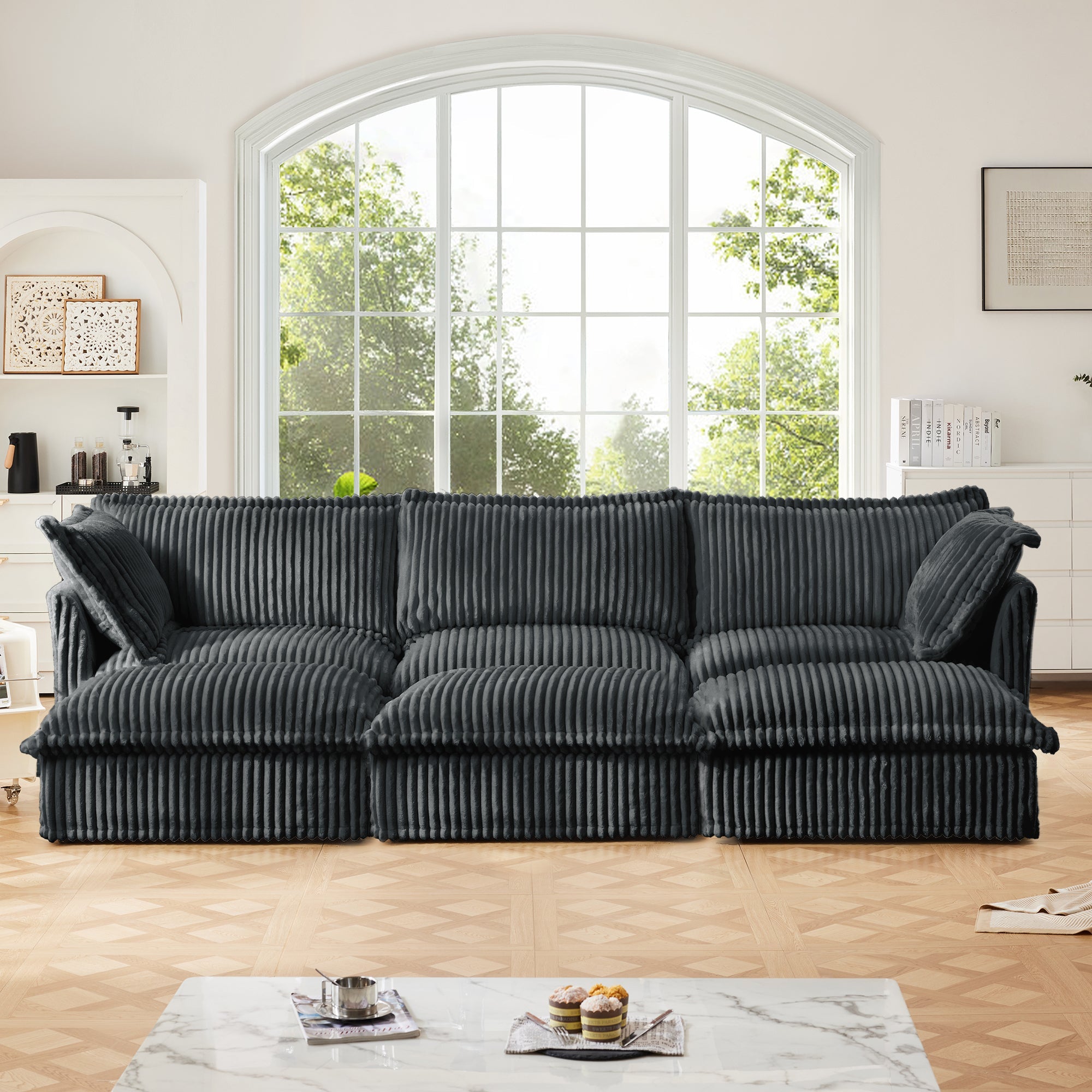 Living Room Sofa Slipcovered Sofa 3 Seater Sofa With 3 Ottomans, Oversized 3-Seat Sleeper Sofa Bed Home Theater Sofa, Corduroy, Gray