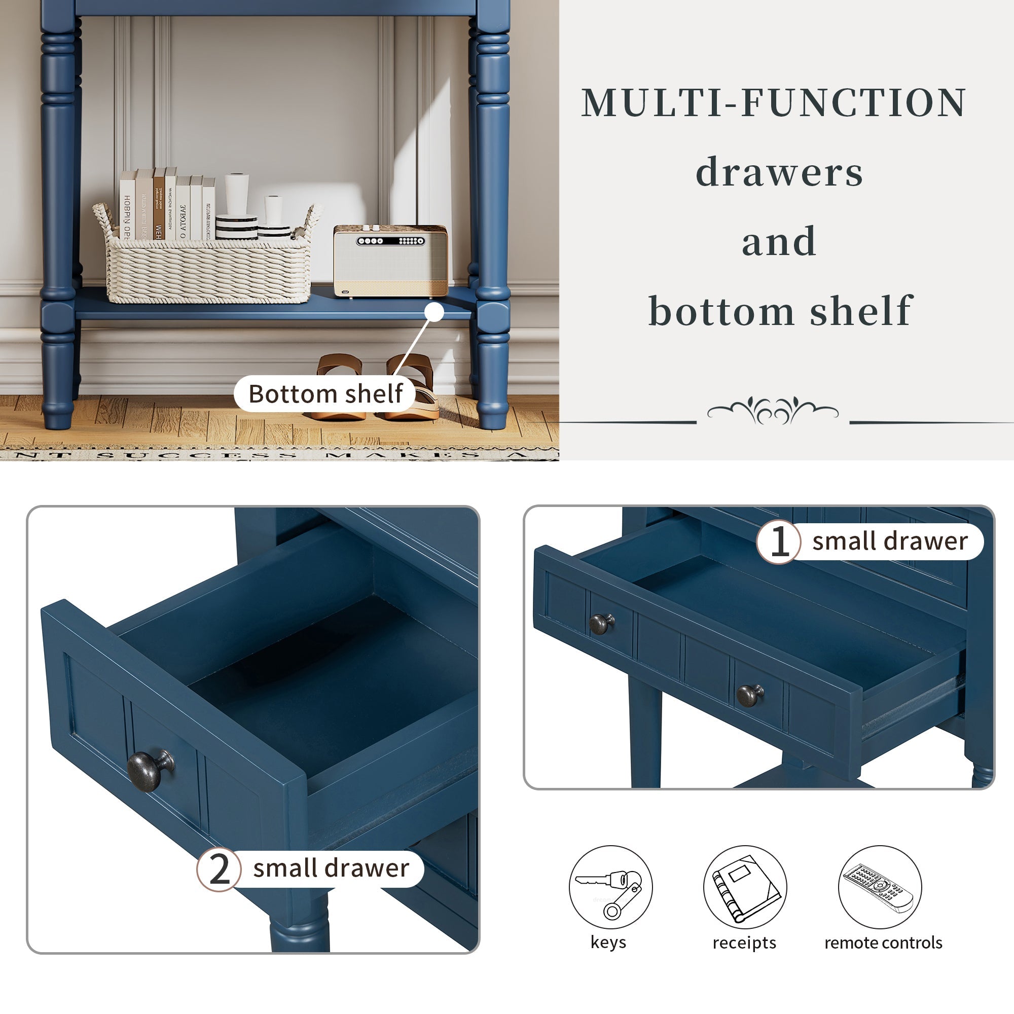 TREXM Narrow Console Table, Slim Sofa Table with Three Storage Drawers and Bottom Shelf (Navy)