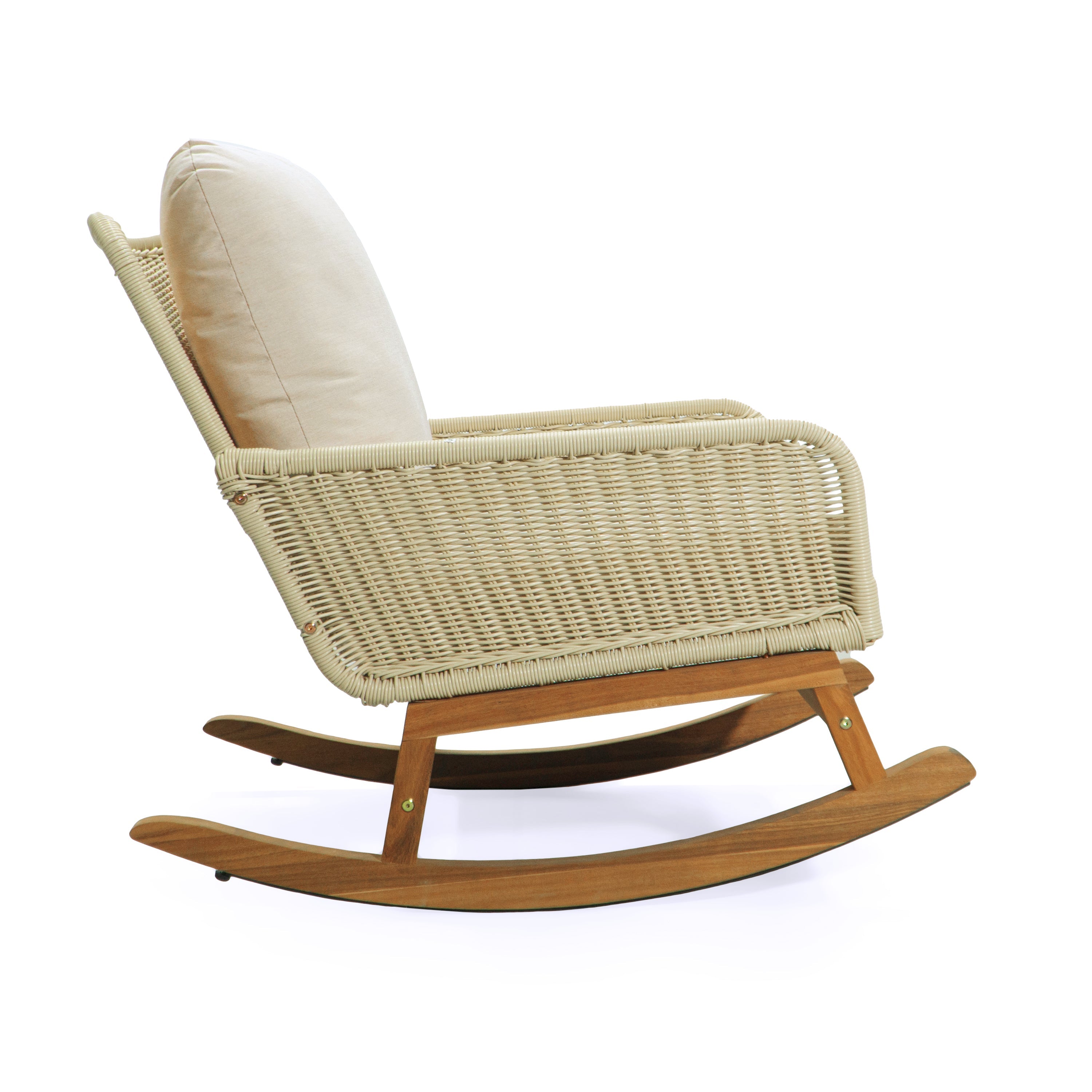 Modern 3-Piece Outdoor Seating Set with Ivory Cushioned PE Rattan Rocking Chairs and Wooden Accent Table, Perfect for Patio or Balcony Relaxation