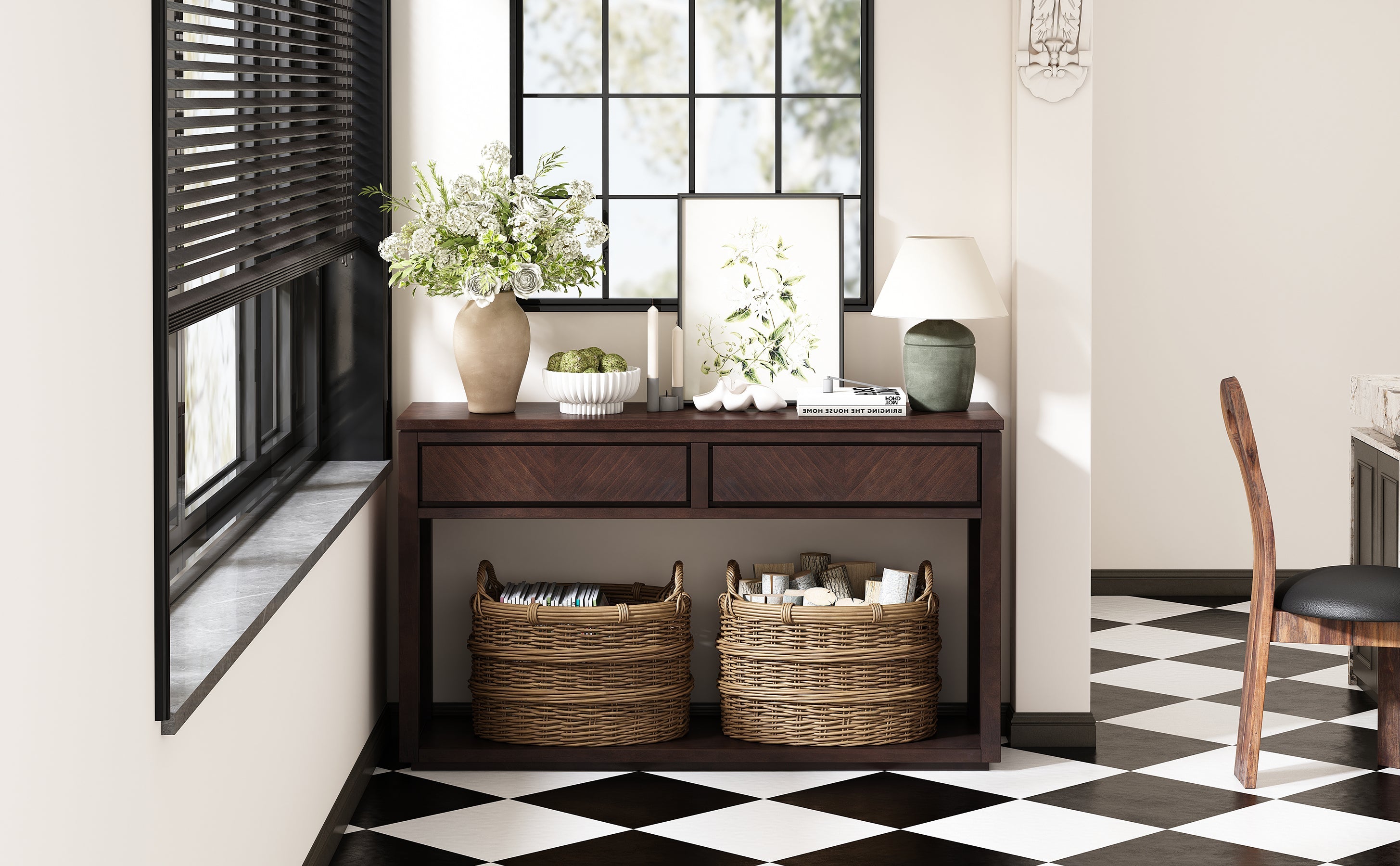TREXM 55' Console Table, Rustic Wooden Entryway Table with Storage Drawers and Open Shelf, Elegant Sofa Table for Hallway and Living Room (Espresso)