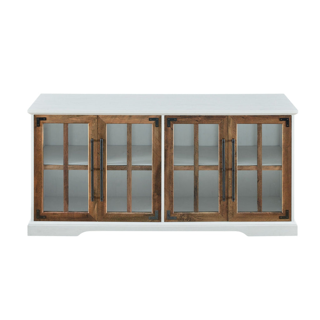 Modern Farmhouse Two-Tone Windowpane Glass-Door TV Stand for TVs up to 65' - Brushed White / Rustic Oak