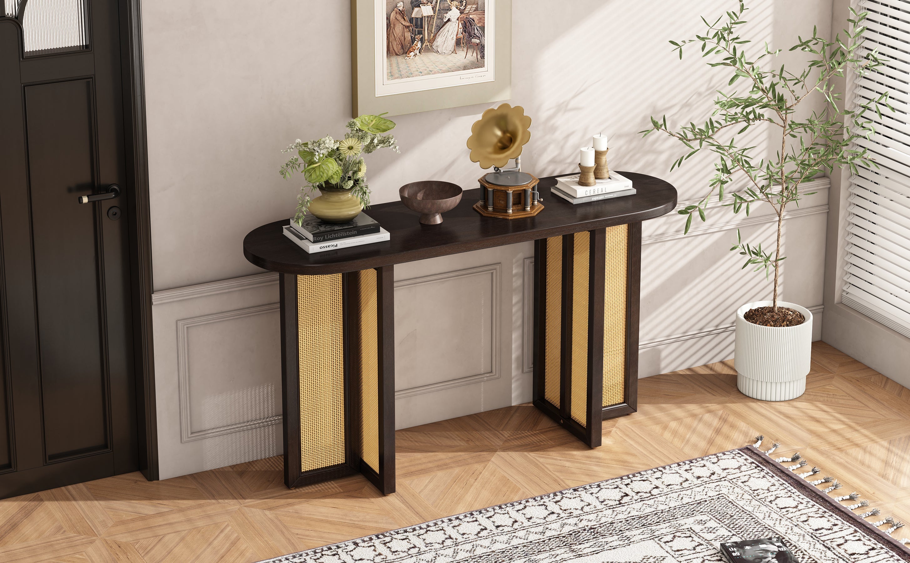 TREXM Farmhouse Rattan Console Table Entryway Table, Narrow Console Table with Storage, Hallway Table for Living Room, Entrance (Espresso)