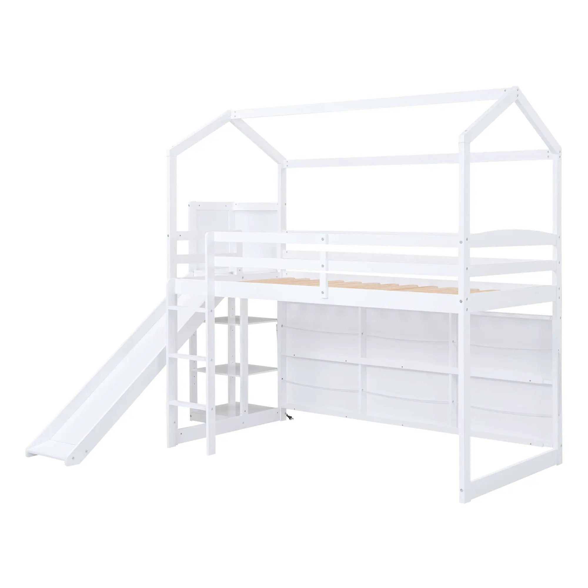 House Loft Bed With Slide, Storage Shelves And Light, Climbing Ramp