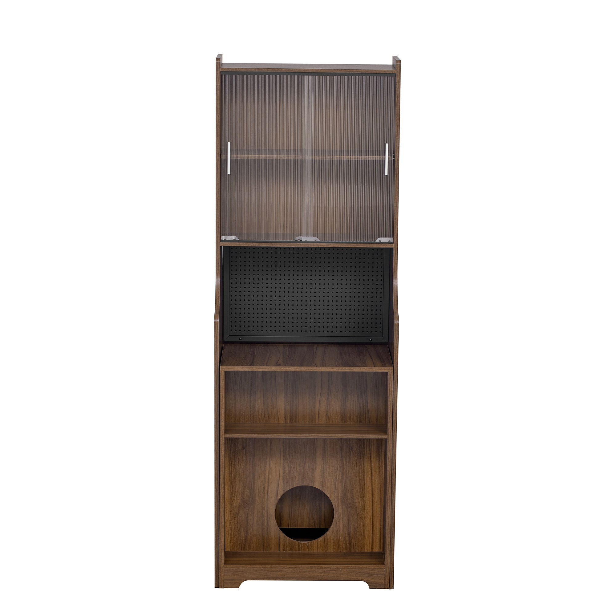 Modern Wooden Foldable Desk with Hutch & Storage, Home Office Pet-friendly Gaming Desk with Shelves, Space-Saving Workstation with Free Cat Bed & Scratching Post