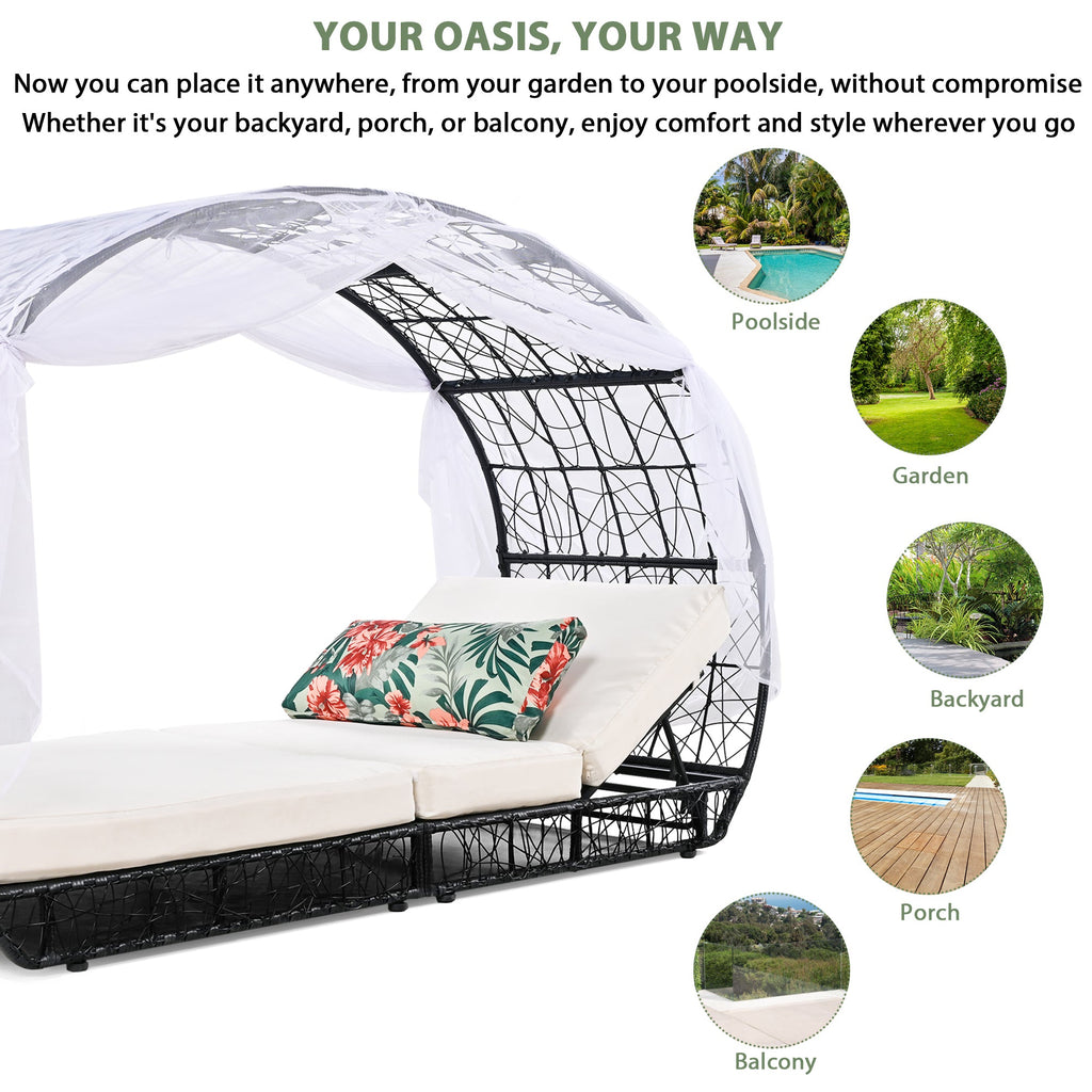 GO 90.55' Outdoor Patio Daybed with Curtain, Sunbed with Cushion and Colorful Pillow, Wicker Lounge Chairs Backrest Adjustable Recliners for Pool Garden Backyard, Beige Cushion, Black Wicker