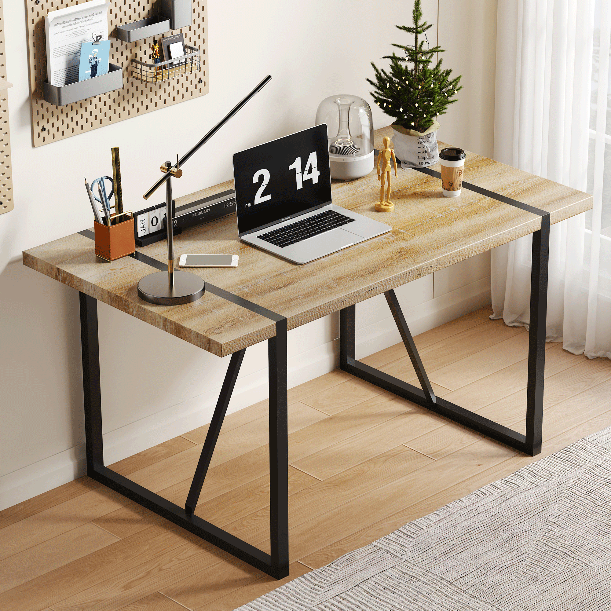 Rustic Industrial Rectangular Wood Dining Table For 4-6 Person, With 1.5' Thick Engineered Wood color Tabletop and Black Metal Legs,Desk For Kitchen Dining Living Room, 55.1' x 31.4'x 29.9'1529W115172