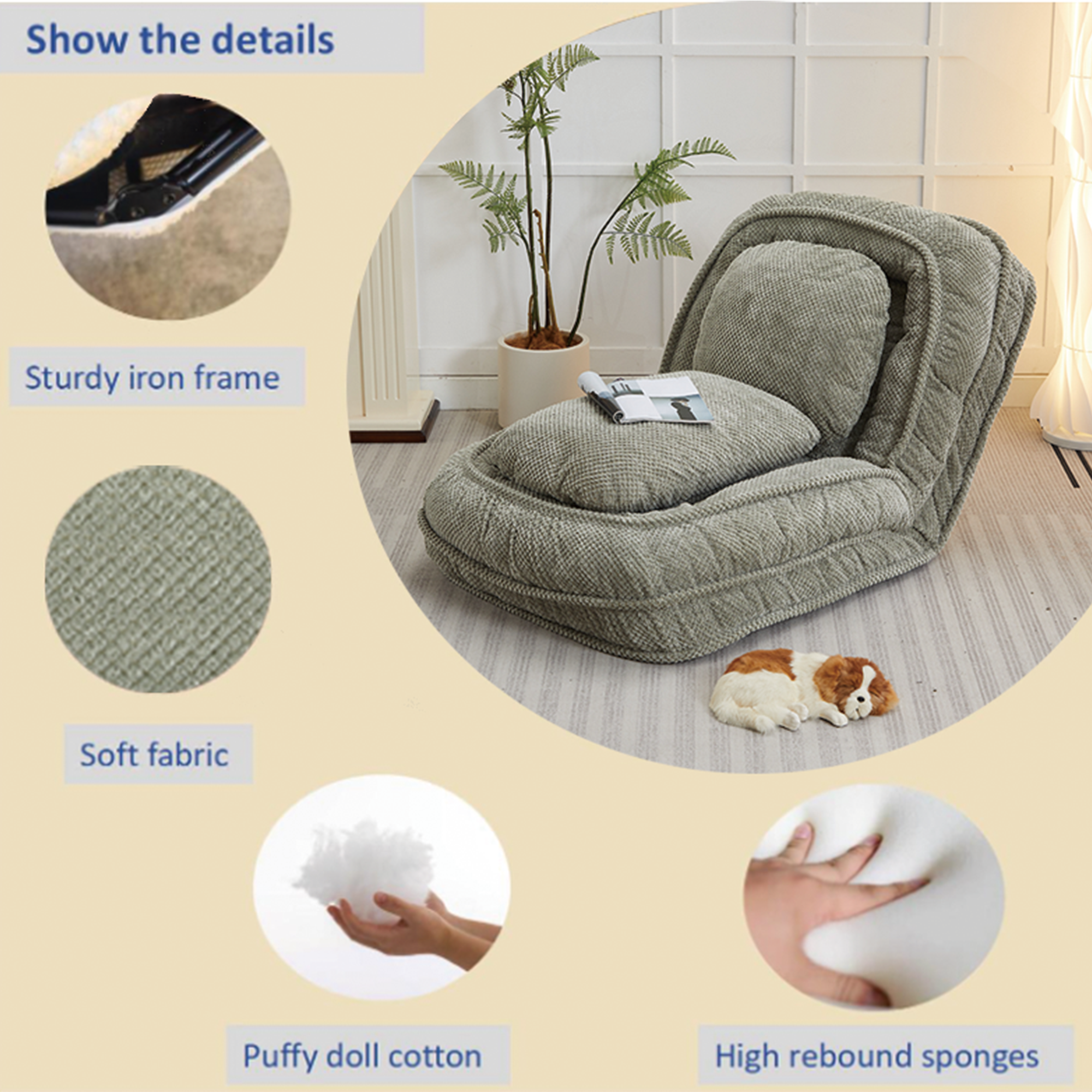 Human Dog Bed ,Lazy Sofa Couch ,5 Adjustable Position,sit,sleep,fold,suit to put in bedroom, living room ,Space Saving Design ,Green