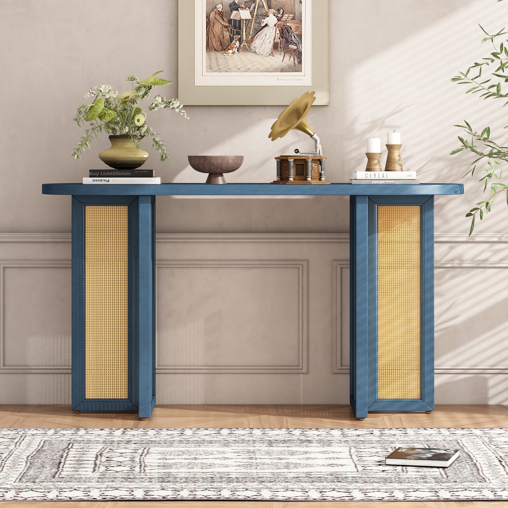 TREXM Farmhouse Rattan Console Table Entryway Table, Narrow Console Table with Storage, Hallway Table for Living Room, Entrance (Navy)