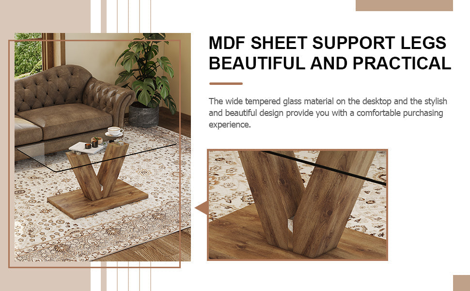 A modern minimalist style coffee table. Transparent tempered glass tabletop with wooden MDF columns. Suitable for living room and dining room.  CT-V
