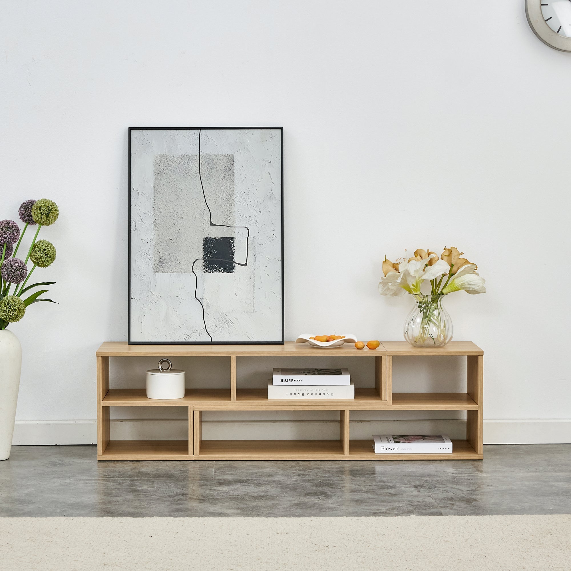 2-Piece Cube TV Stand and L-Shaped Entertainment Center with Open Storage and 2 Shelves – Burly Wood MDF