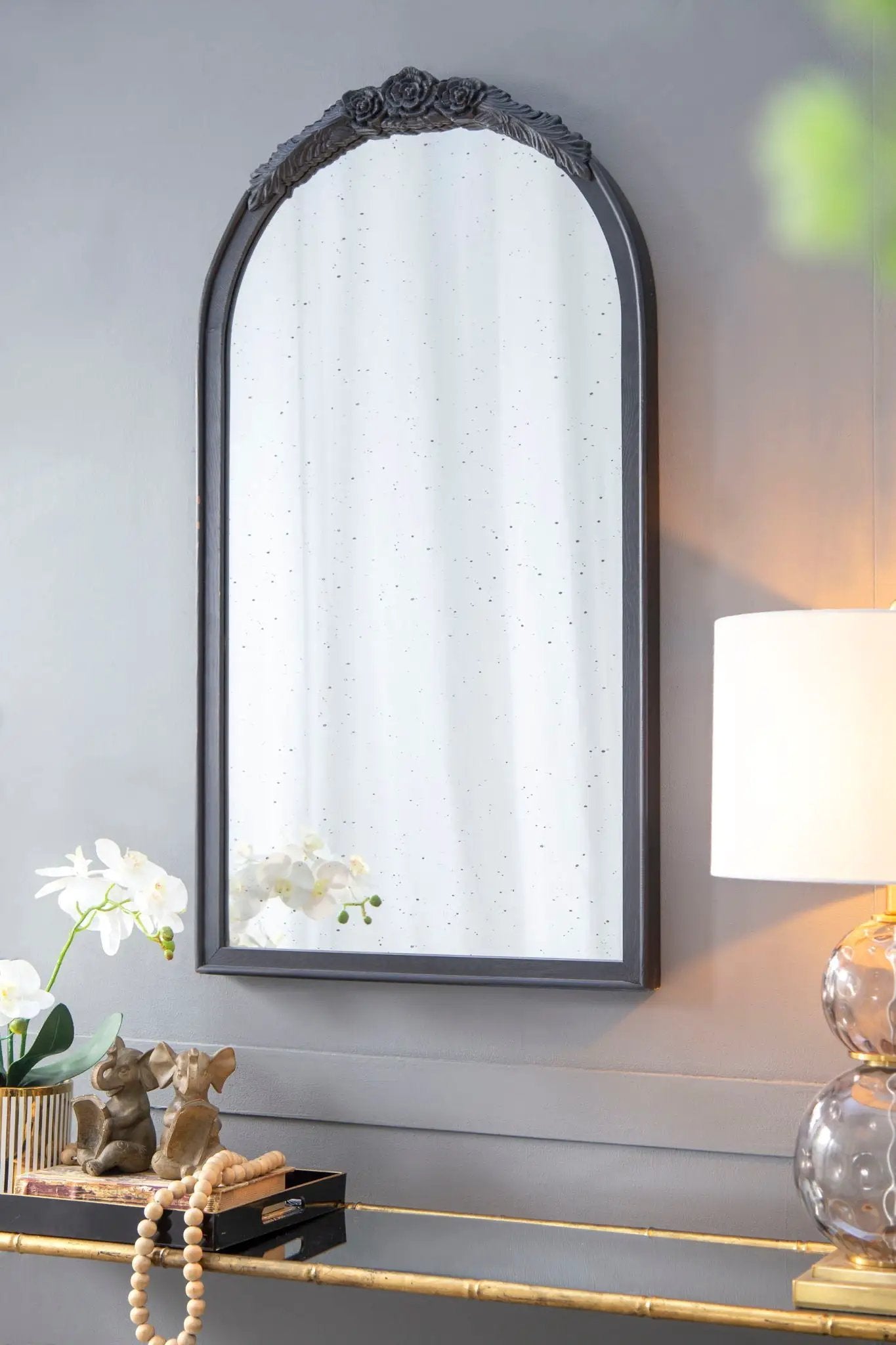 Hand Carved Rose Antique Mirror Frame, Wood Arch Mirror Wall Decor For Living Room