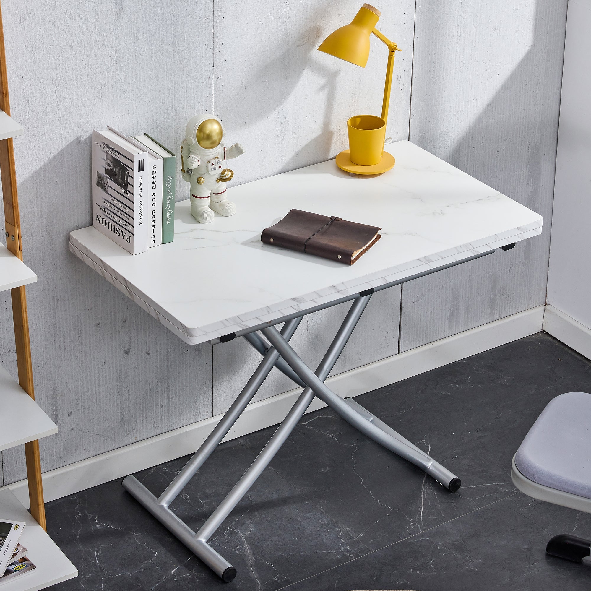 Modern minimalist multifunctional lift table with 0.8 inch MDF desktop and silver metal legs, can be used as a dressing table, coffee table, dining table, and office table