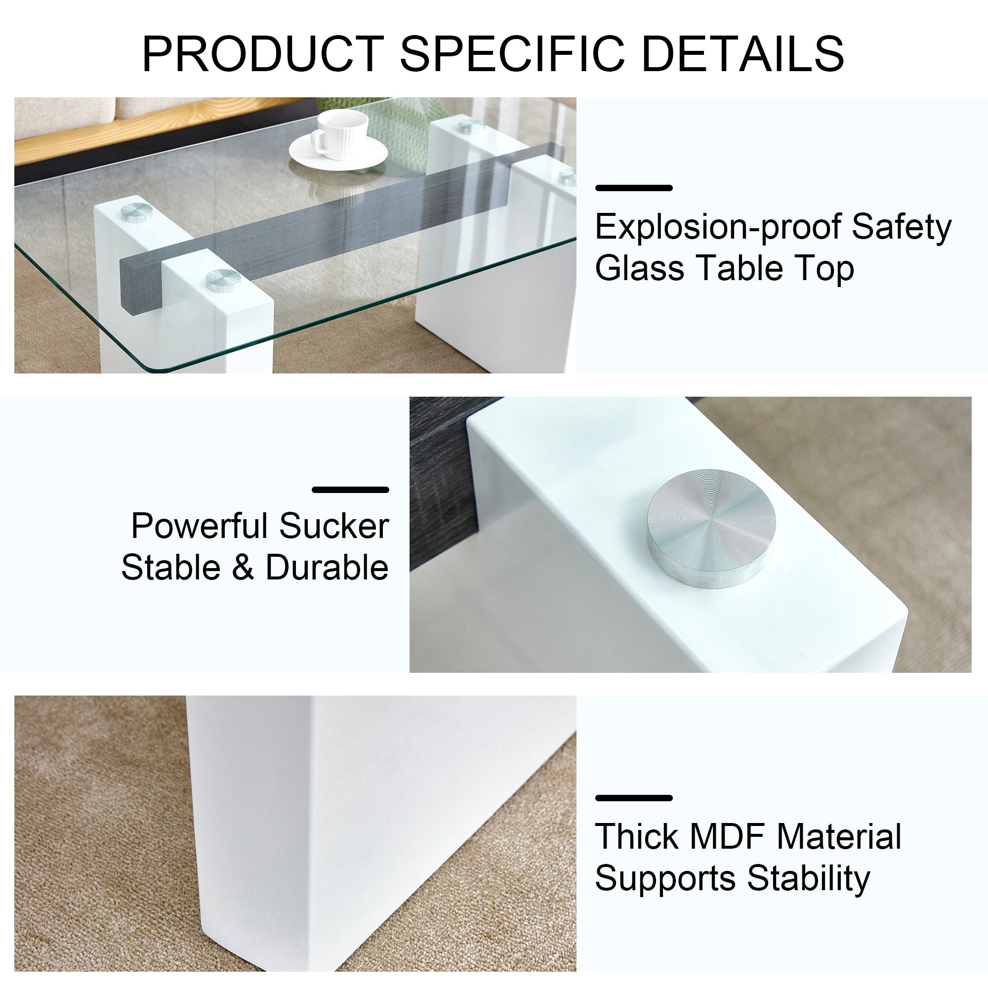Modern minimalist transparent tempered glass coffee table , paired with white MDF decorative columns. Computer desk. Game table. CT-1546