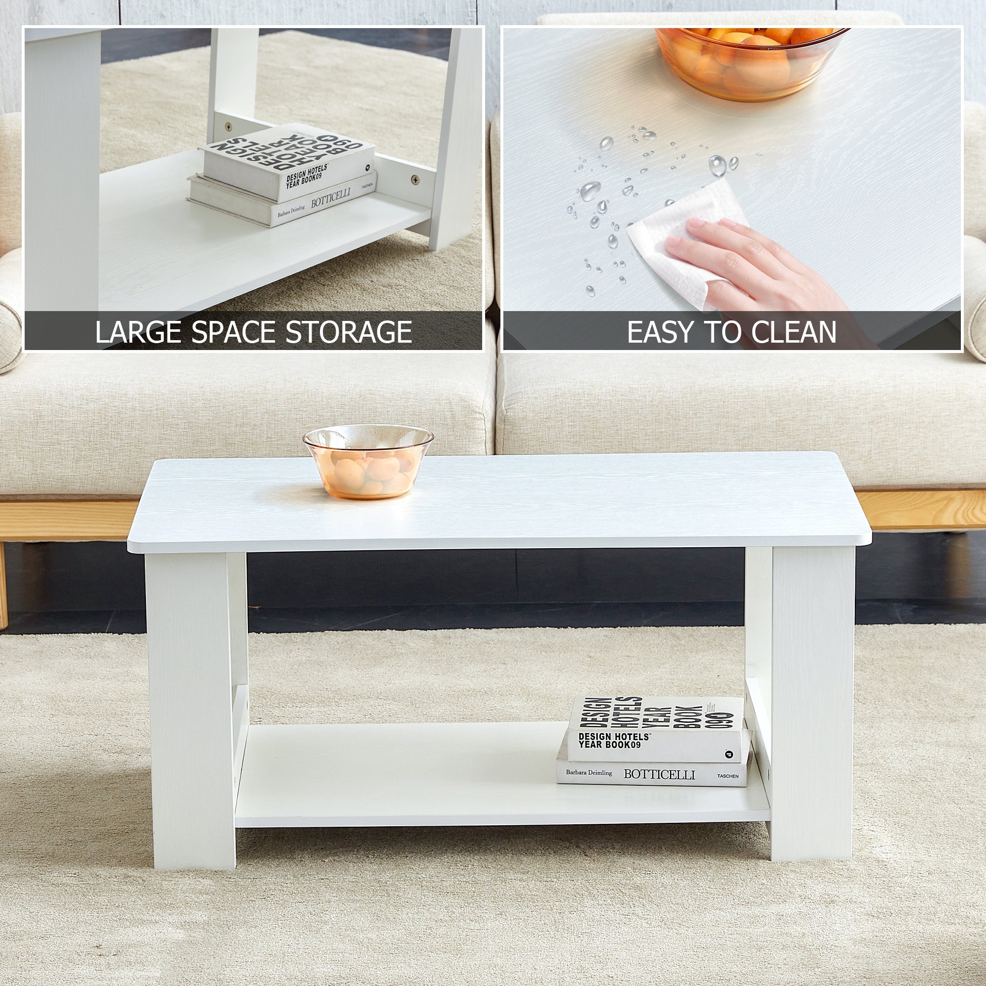 A modern and minimalist white double layered rectangular coffee table and coffee table. MDF material is more durable and suitable for living rooms, bedrooms, and study rooms. 19.6 "*35.4"*16.5 "CT-16