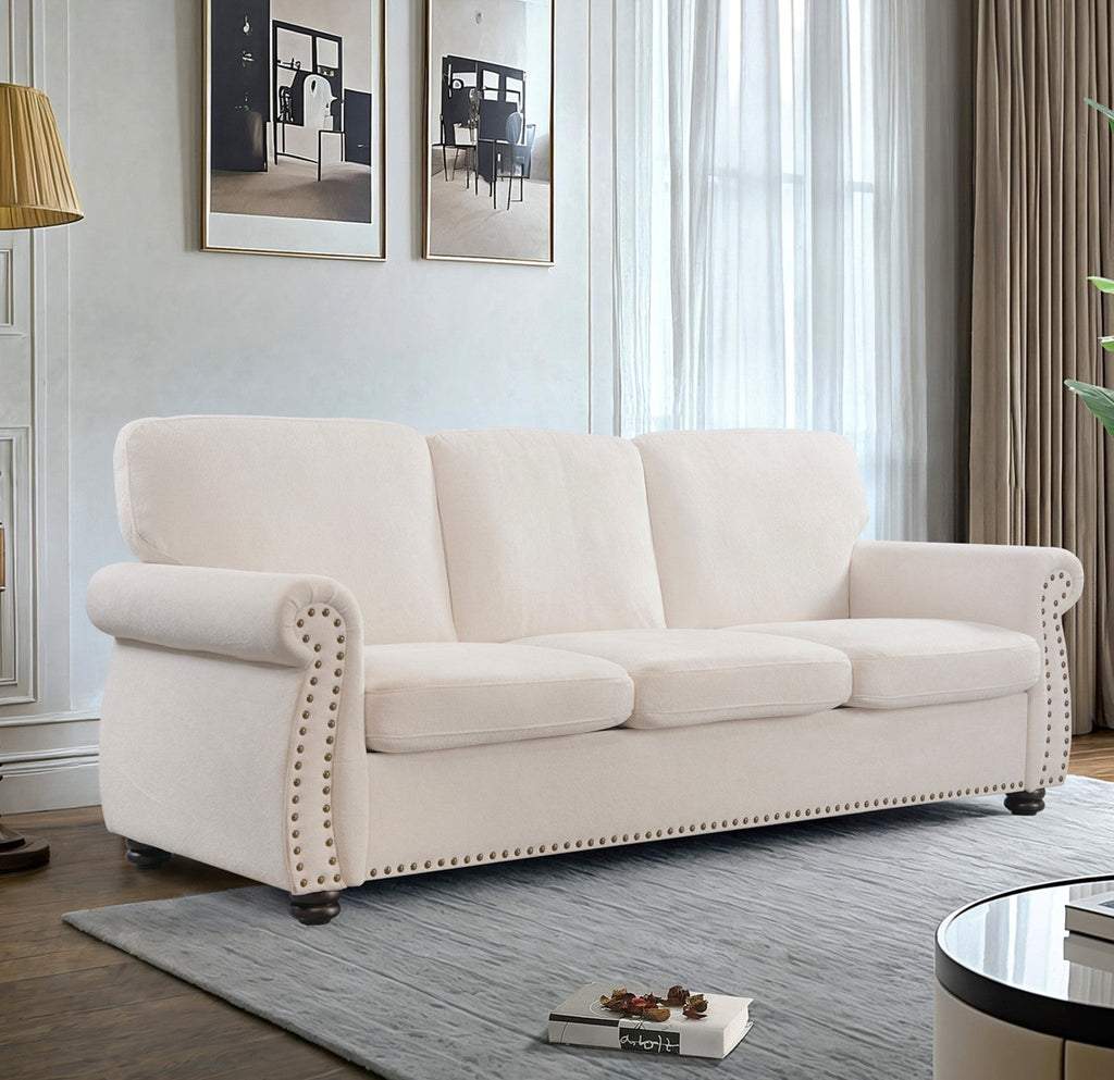 Soft Velvet Sofa, Upholstered 3 Seater Couch with High-Density Foam, Loose Back Cushions and Solid Wood Turned Legs, Chic Living Room Furniture for Home, Apartment and Office, Ivory