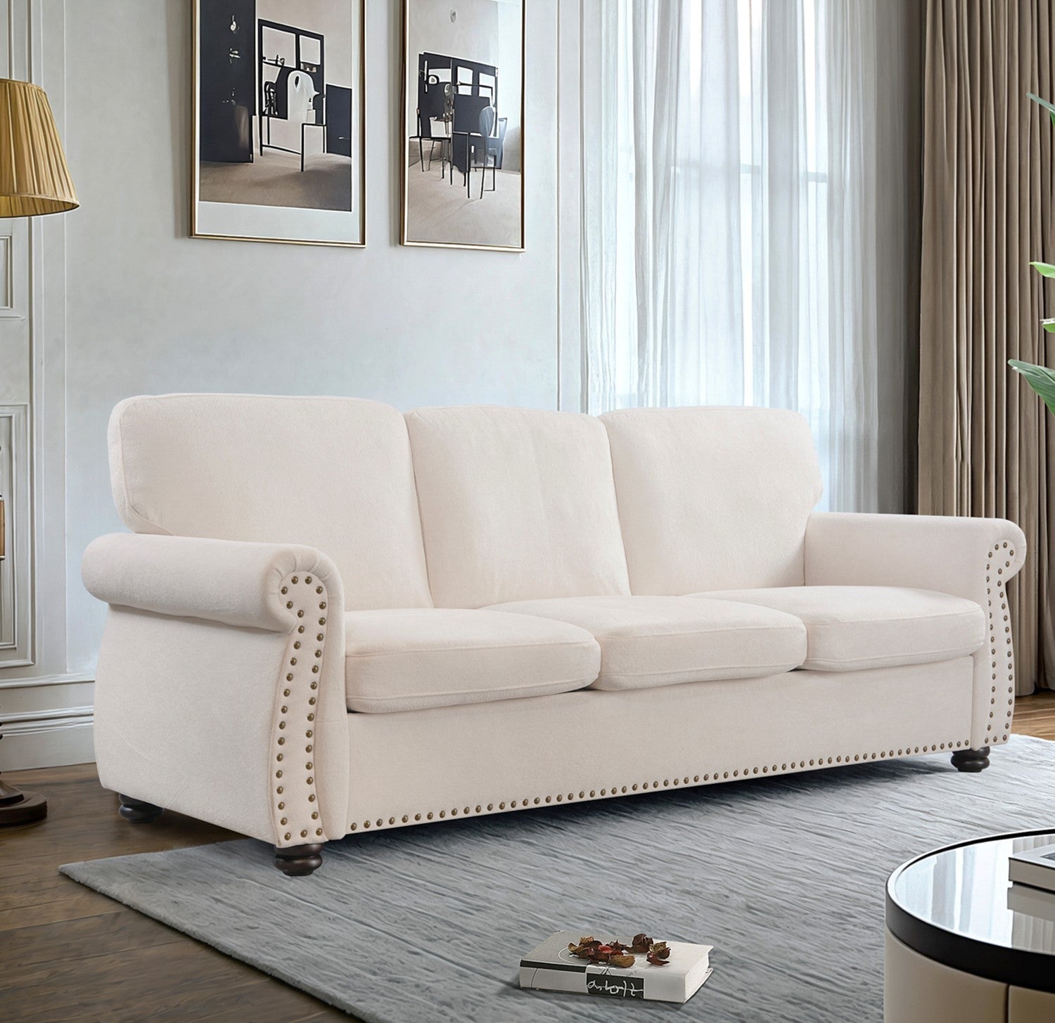 Soft Velvet Sofa, Upholstered 3 Seater Couch with High-Density Foam, Loose Back Cushions and Solid Wood Turned Legs, Chic Living Room Furniture for Home, Apartment and Office, Ivory