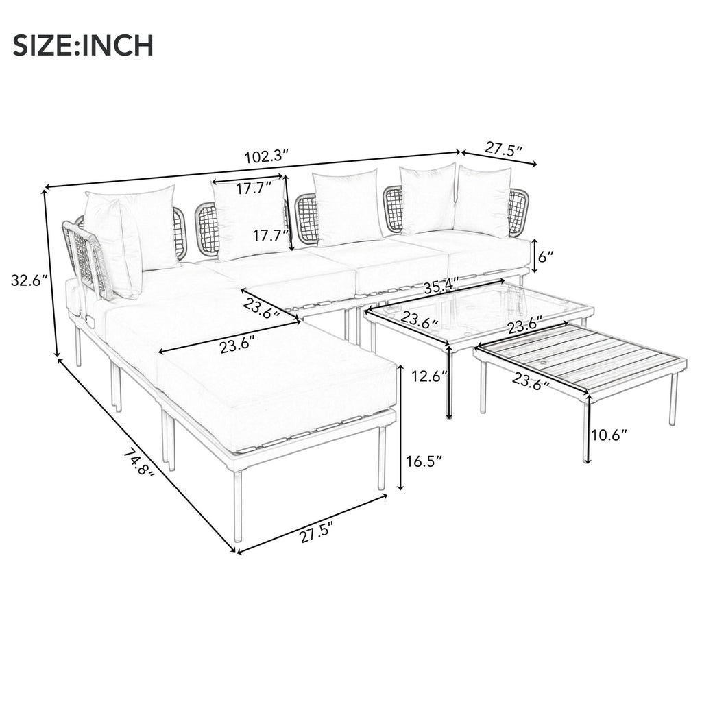 TREXM 8-Piece Patio Sectional Sofa Set with Tempered Glass Coffee Table and Wooden Coffee Table for Outdoor Oasis, Garden, Patio and Poolside (Beige Cushion + White Steel)