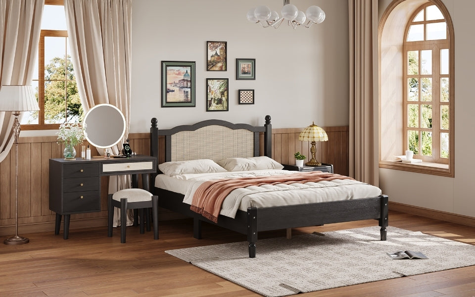 3 Pieces Bedroom Set with Full Size Wooden Bed Frame, 1 Vintage  Nightstand and 1 Makeup Vanity Set with Stool,Black