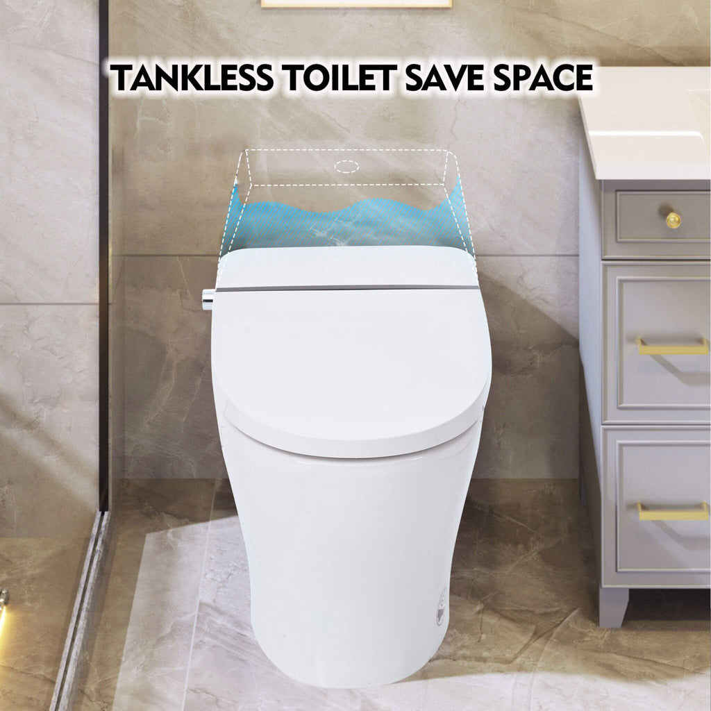 1/1.28 GPF Smart Compact Dual Flush Tankless Toilet Bidet Combo With Self-Cleaning Nozzle And Foot Sensor Flush (SAK58021)