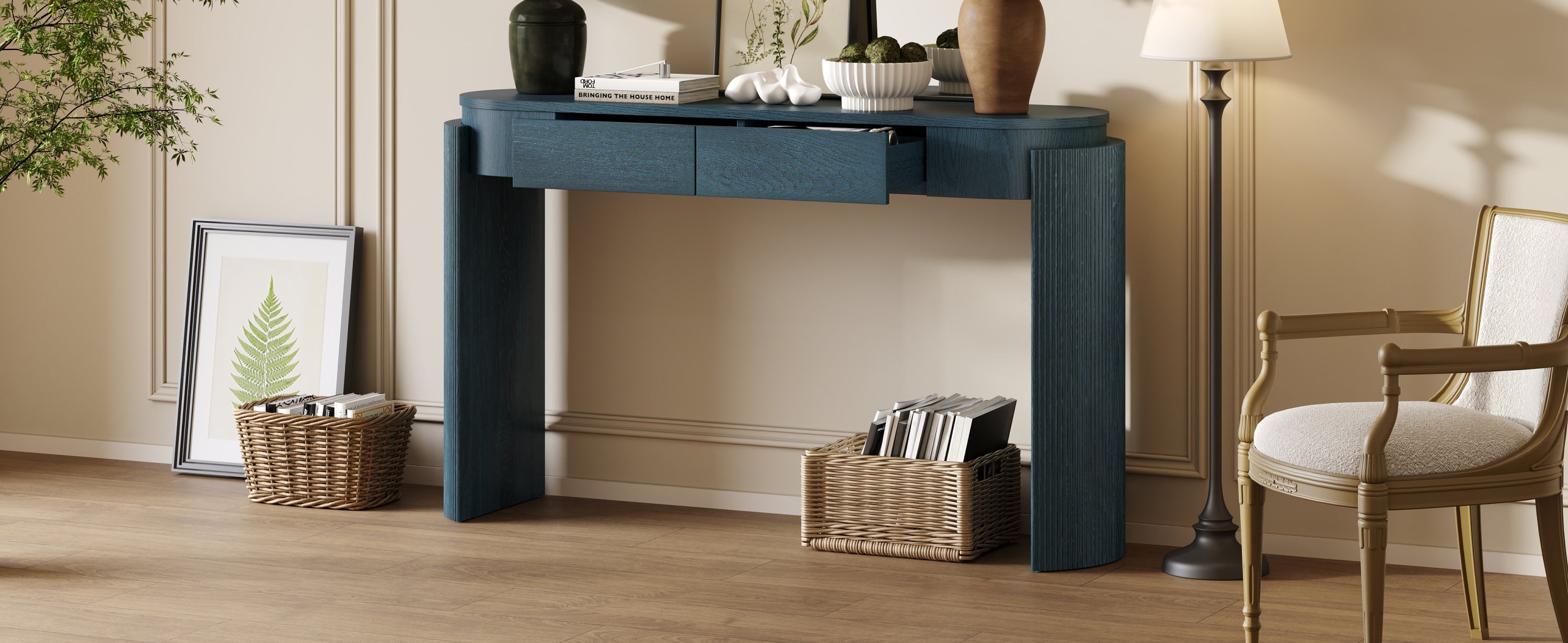 TREXM Entryway Table with Natural Wood Grain Finish, Console Table with Fluted Design, Oval Top and 2 Drawers for Entryway and Living Room (Navy)