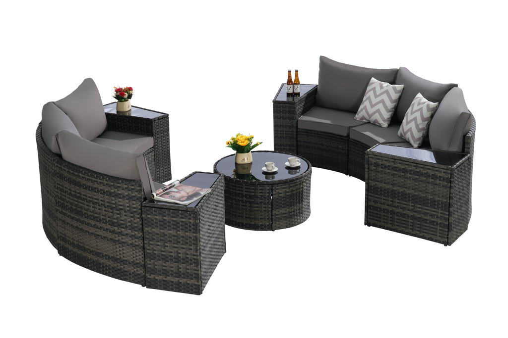 Outdoor Patio Furniture 11-Piece Half-Moon Sectional Round Patio Furniture Set Sofa with Tempered Glass Round Coffee Table