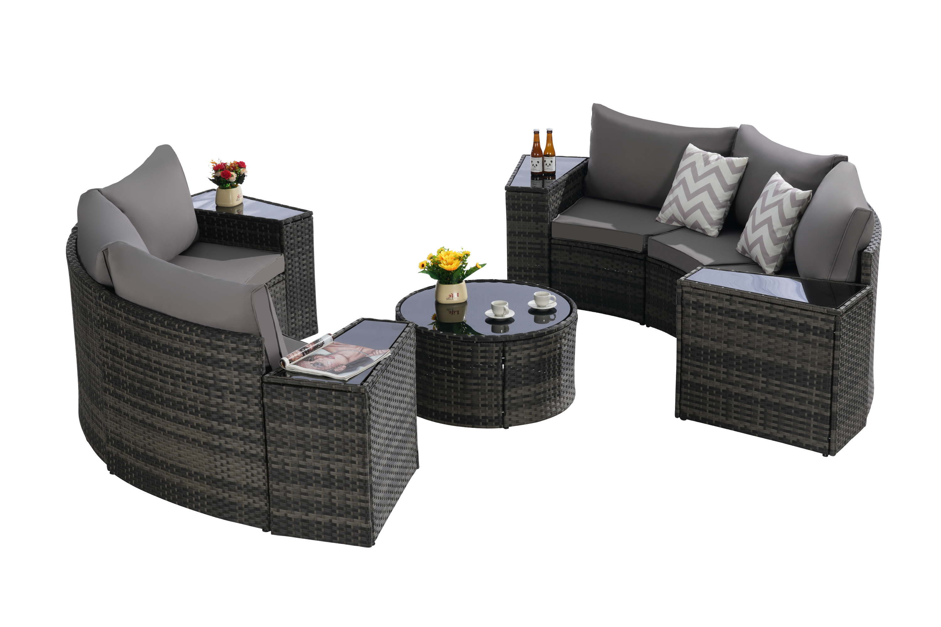 Outdoor Patio Furniture 11-Piece Half-Moon Sectional Round Patio Furniture Set Sofa with Tempered Glass Round Coffee Table