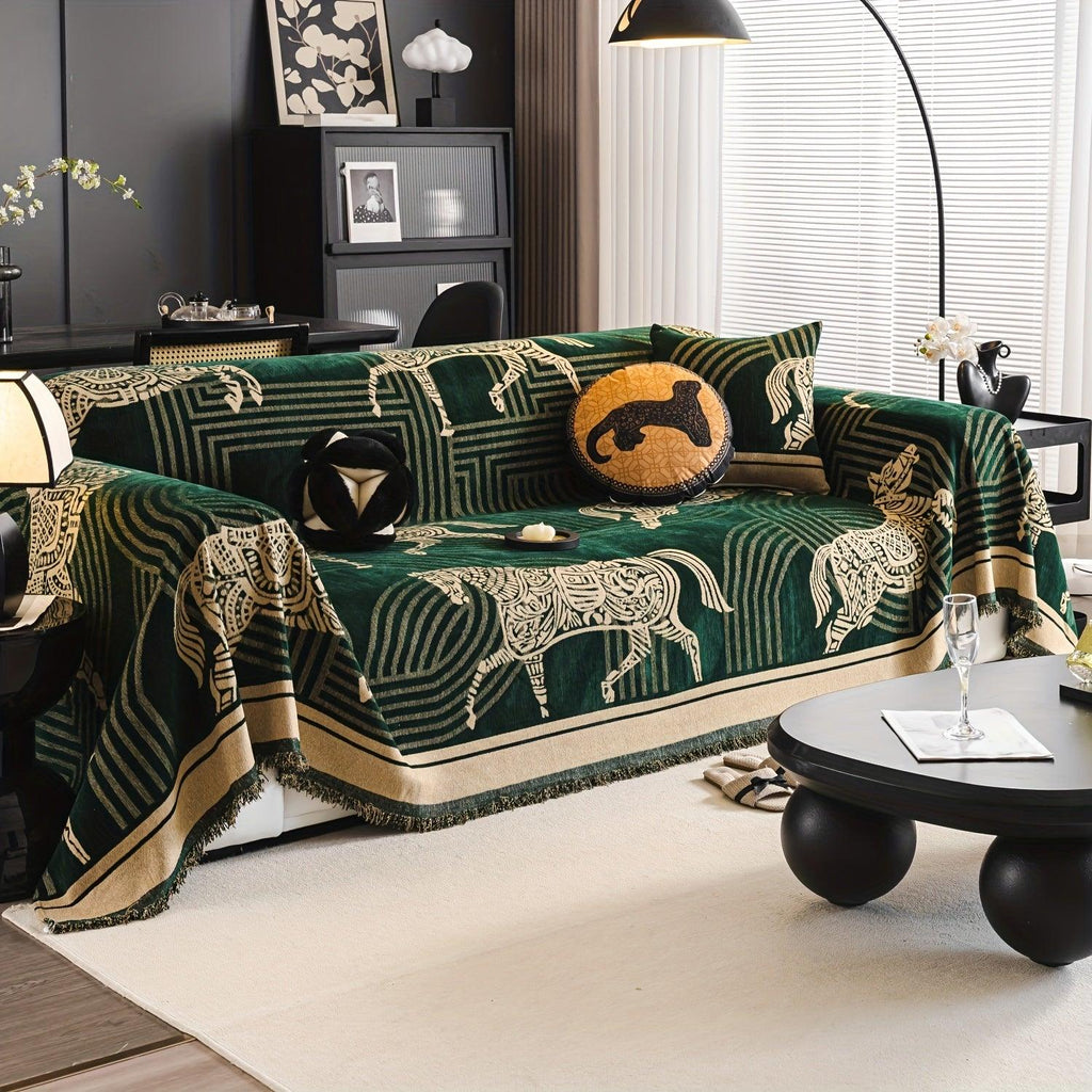 Luxurious Chenille Horse Design Sofa Cover Decor in Orange & Green