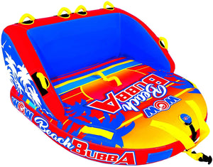 WOW Watersports Beach Bubba 2P towable tube with bright red, blue and yellow tropical graphics